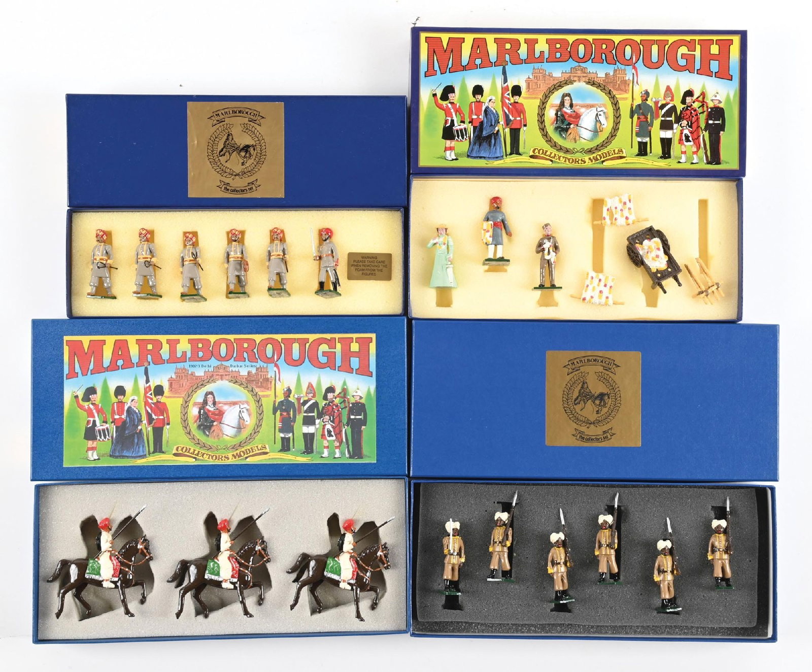 LOT OF 4: MARLBOROUGH MINIATURES: (A) Bharatpur Transport Corps. (B) 3rd Kashmir Infantry at the Slope No. D140. 6 pieces. (C) Spearbearers from Cuth. 3 pieces. (D) Delhi Durbar Indian Bazaar Garland Seller. 6 pieces. Condition: Dimen