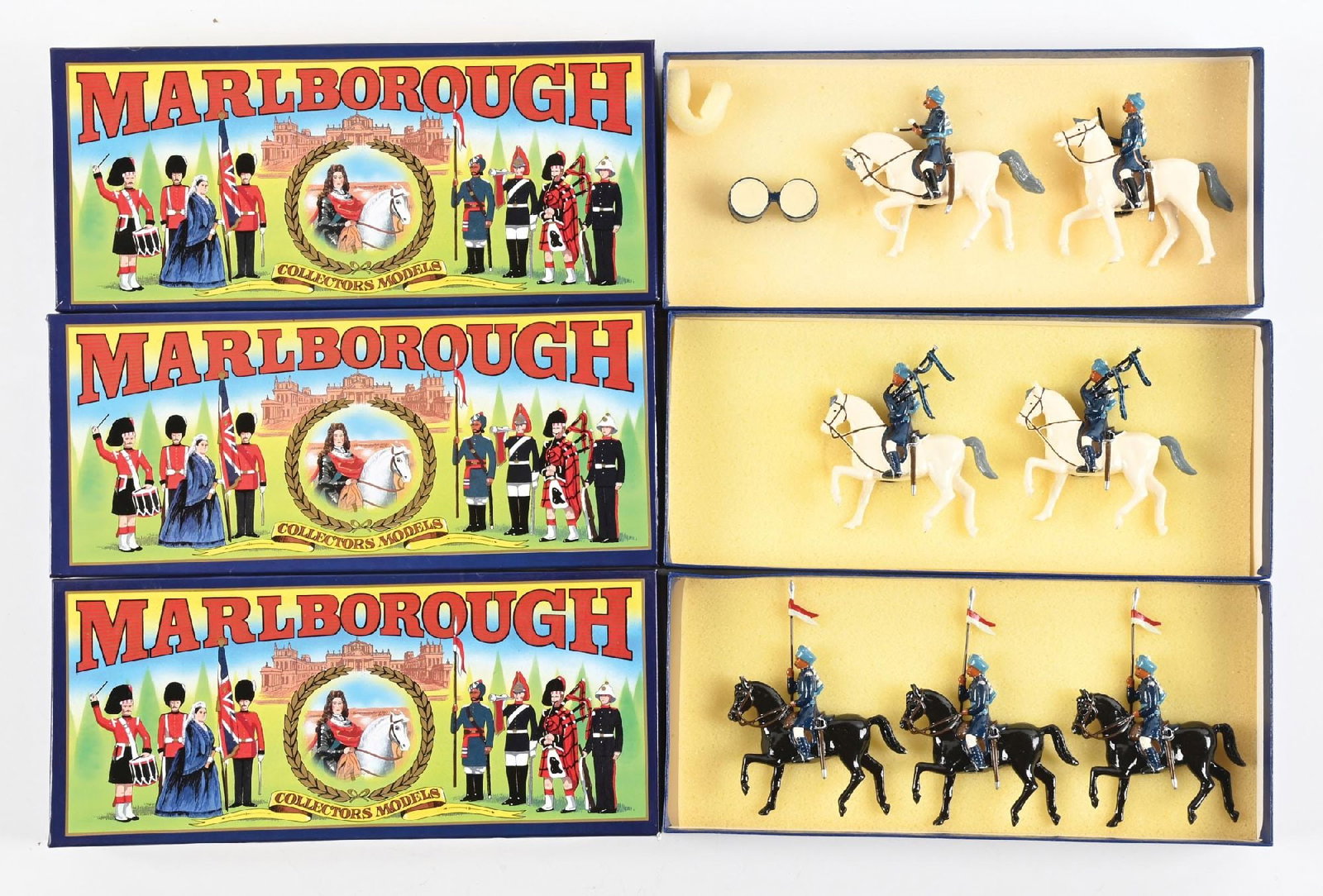 LOT OF 3: MARLBOROUGH MINIATURES DELHI DURBAR: Lot consists of three sets 17th Bengal Lancer: No. D19, D21, and D23. 2 pieces each. 6 pieces total. Condition: Dimensions: Each Box: 11 - 1/4" x 5" x 2".