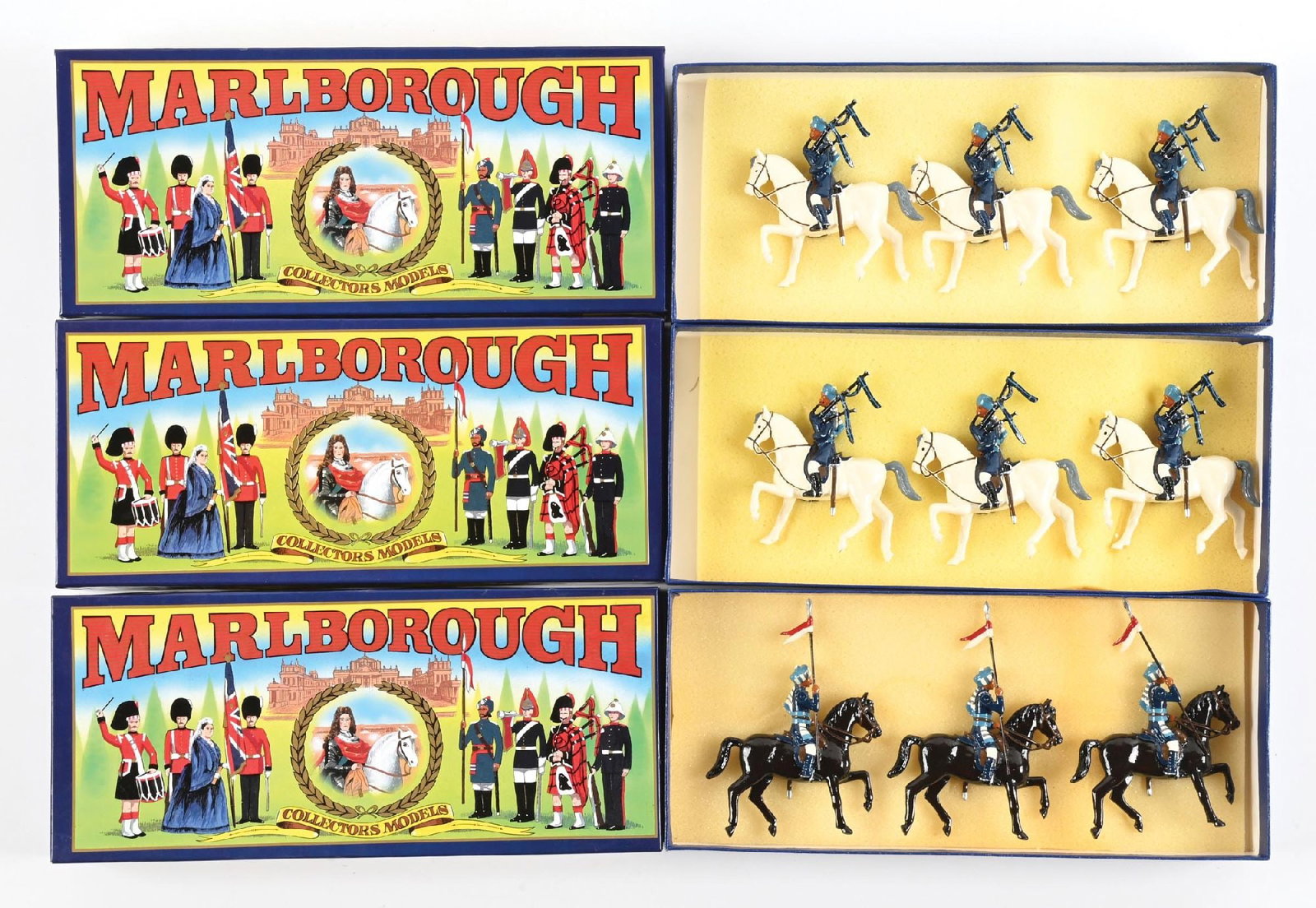 LOT OF 3: MARLBOROUGH DELHI DURBAR: Lot consists of three sets 17th Bengal Lancers: two sets No. D20 and one set No. D23. 3 pieces each. 9 pieces total. Condition: Dimensions: Each Box: 11 - 1/4" x 5" x 2".