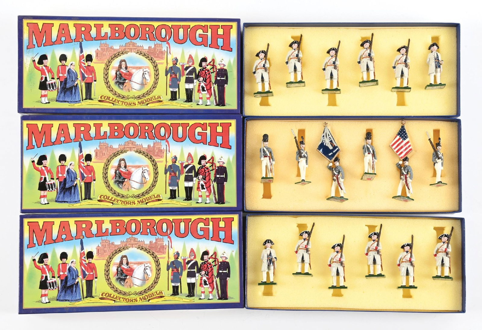 LOT OF 3: MARLBOROUGH SETS IN BOXES: (A) La Sarre Privates, No. FT13. 6 pieces. (B) La Reine Privates No. FT16. 6 pieces. (C) Citadel Military Academy Colour Party. 6 pieces. 18 pieces total. Condition: Dimensions: Each Box: 11 - 1/4" x