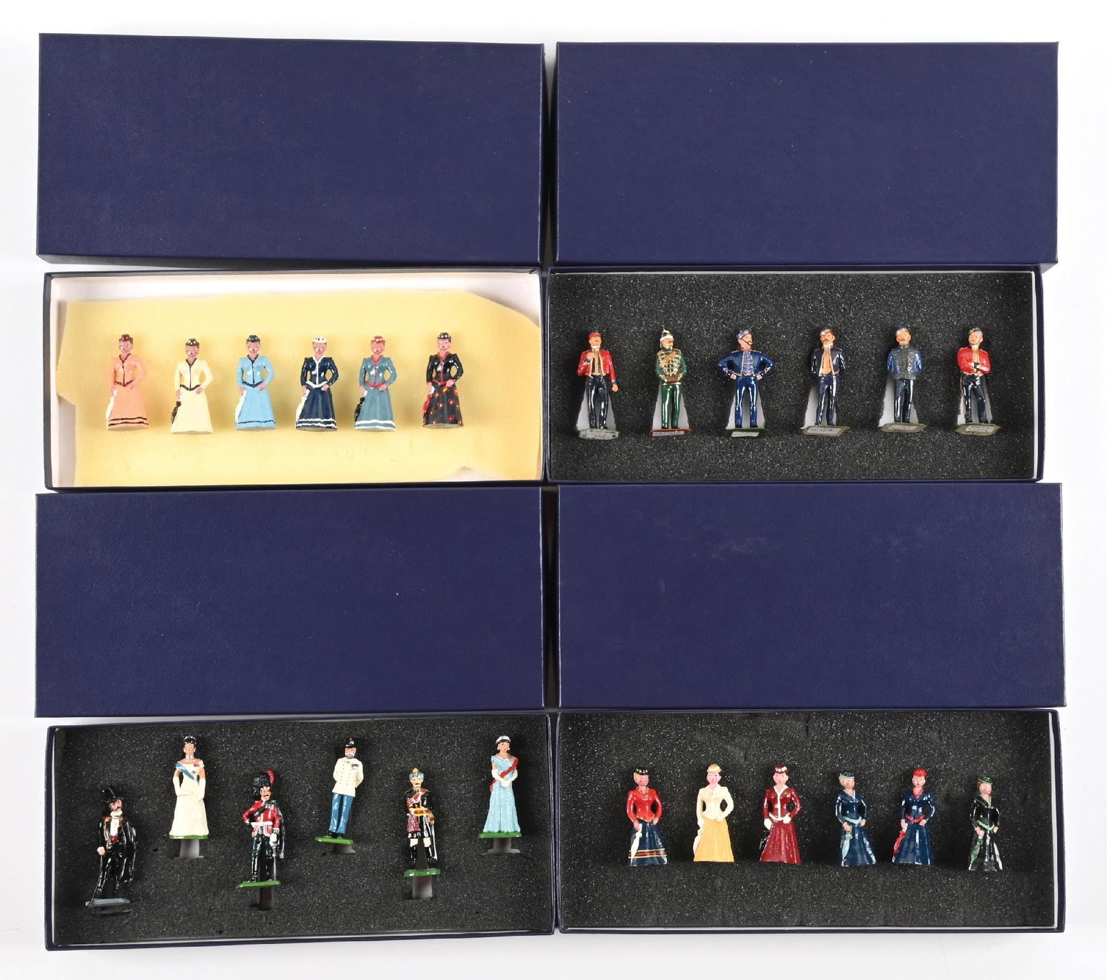 LOT OF 4: EDEN & MARLBOROUGH OFFICERS & LADIES: (A) John Eden Officers of the British Army. 6 pieces. (B) Marlborough Ladies with Bumbershoots. 12 pieces. (C) Several Gentlemen and Ladies of various makers. All sets in incorrect boxes. 6 pieces.