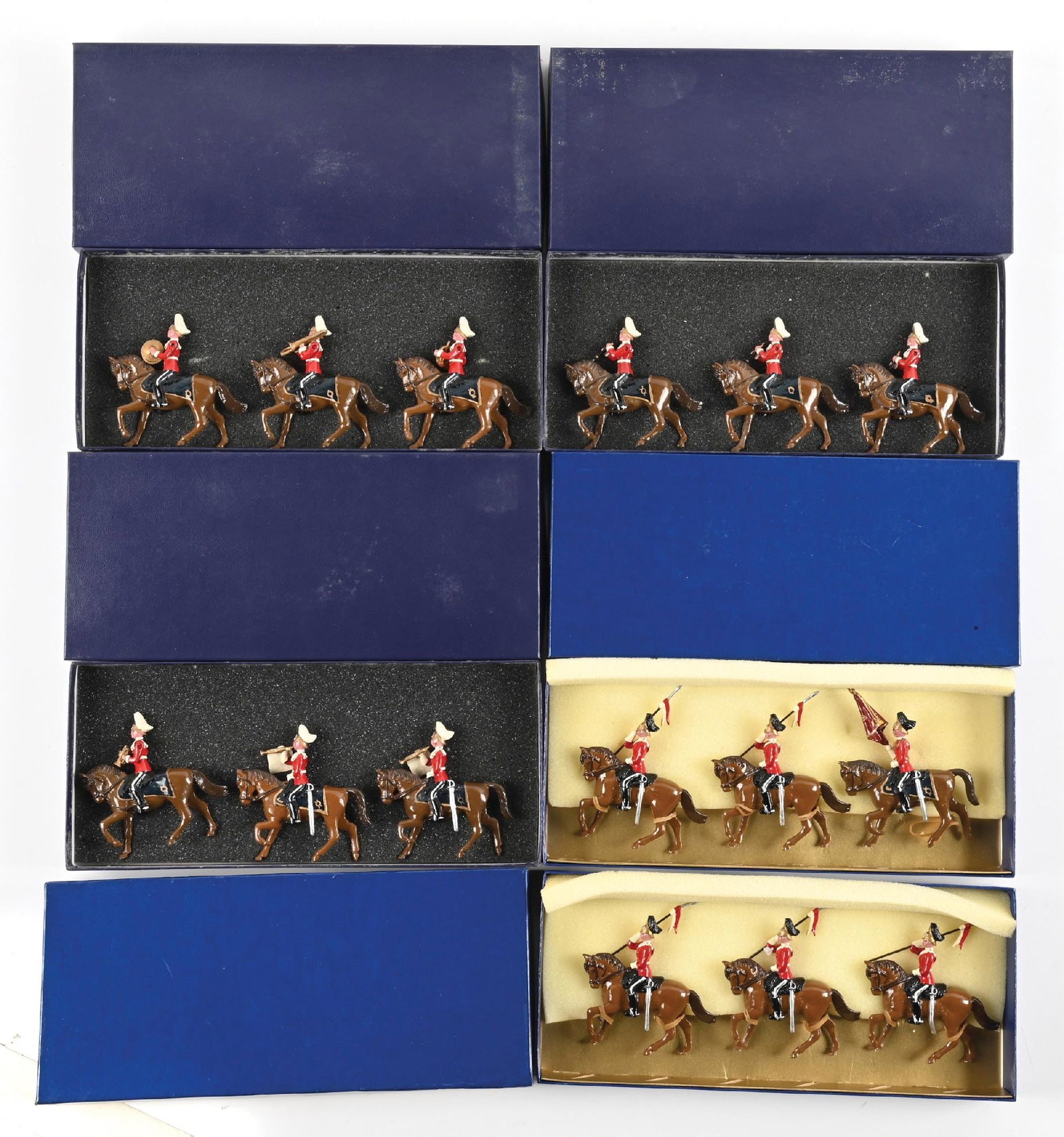 LOT OF 5: MARLBOROUGH THE QUEEN'S BAYS MUSICAL RIDE: Lot consists of five sets of the Queen's Bays Musical Ride, 6 Lancers and 9 Band. 3 pieces each. 15 pieces total. Condition: Dimensions: Each Box: 11" x 5" x 1 - 1/2".