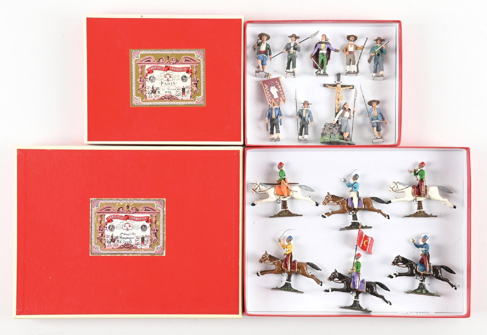 LOT OF 2: MIGNOT SETS IN BOXES: (A) French Revolutionaries. Tied in box. 9 pieces. (B) Egyptian Cavalry. Tied in box. 6 pieces. 15 pieces total. Condition: Dimensions: Largest Box: 12" x 9" x 1 - 5/8".