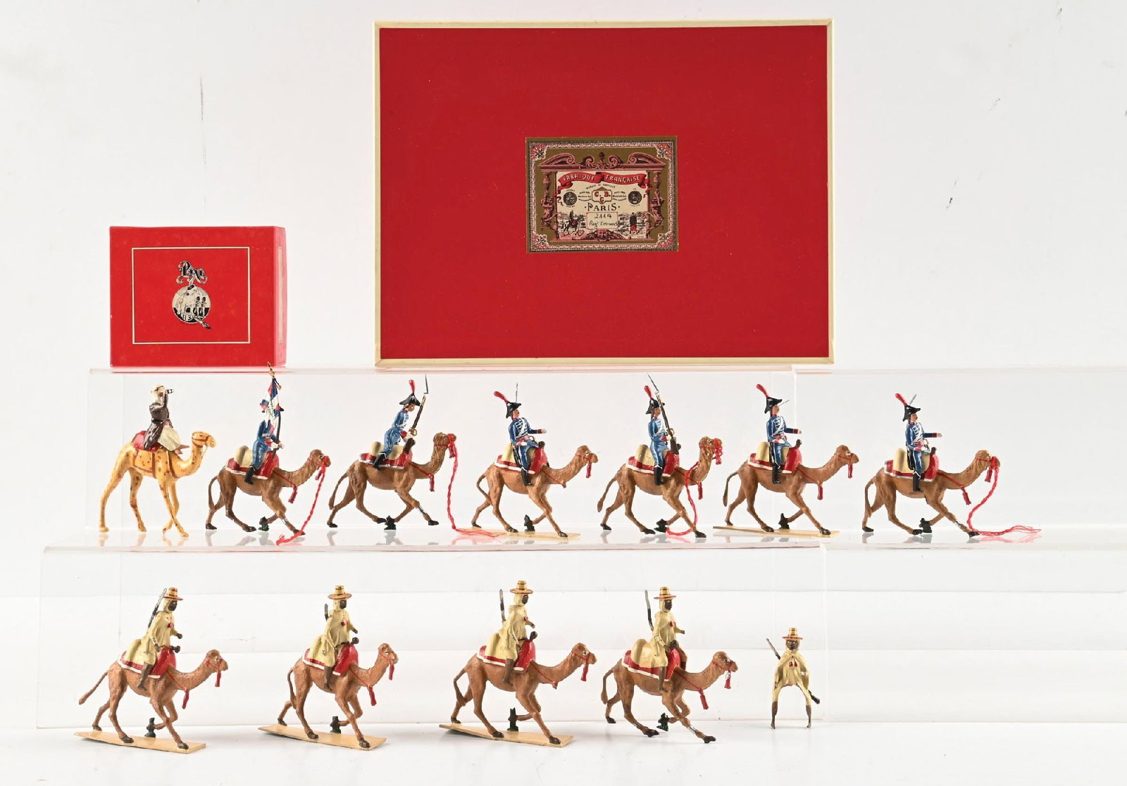 LOT OF MIGNOT & PIXI TOY SOLDIERS: (A) French Camel Corps No. 211A. 12 pieces. (B) Egyptian Camel Corps. Loose, no box. 8 pieces. (C) Pixi Lawrence of Arabia in box. 21 pieces total. Condition: Dimensions: Largest Box: 12" x 9" x 1 -