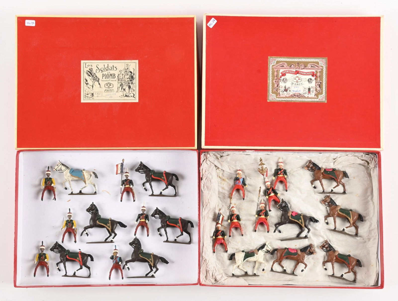 LOT OF 2: MIGNOT SETS IN BOXES: (A) French African Mamluks. 6 pieces. (B) French Caucasian Mamluks. Mounted figures were attached with museum wax. 6 pieces. 12 pieces total. Condition: Dimensions: Each Box: 12" x 9" x 1 - 3/4".