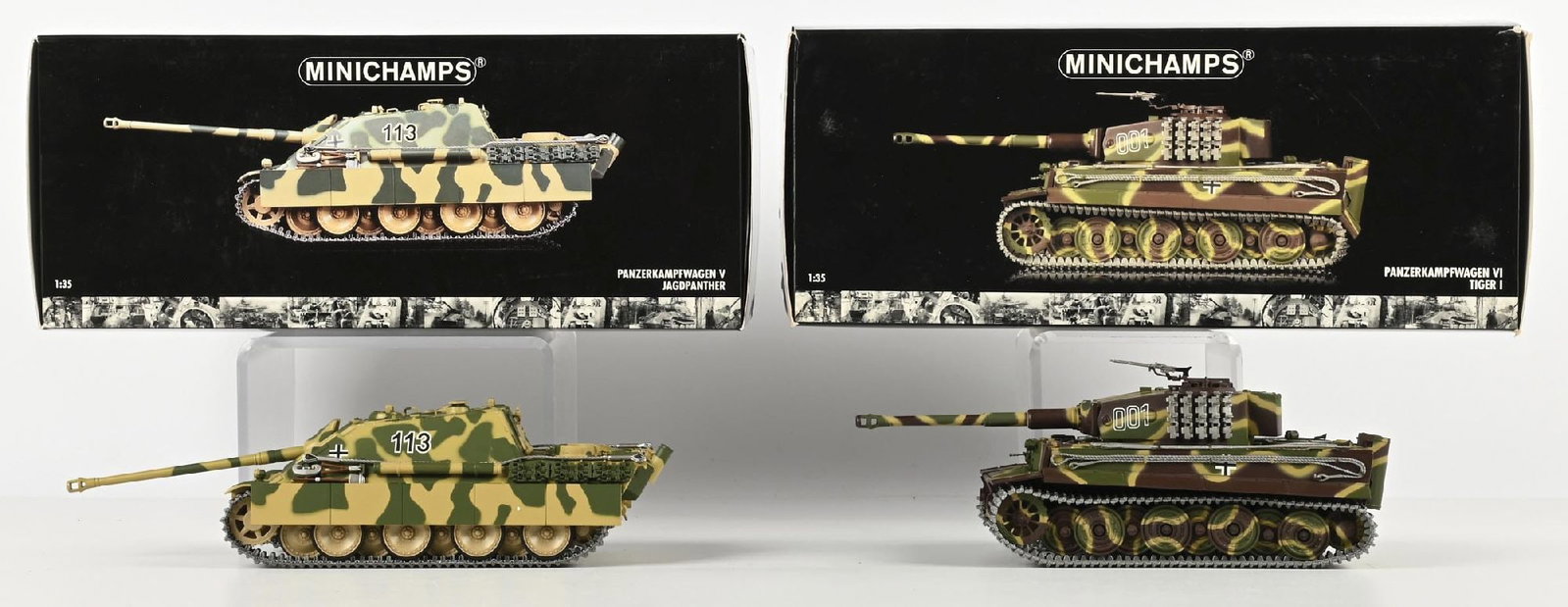 LOT OF 2: BOXED MINICHAMPS TOY TANKS: (A) Panzerkampfwagen V Jagdpanther. Mint in box. (B) Panzerkampfwagen VI Tiger I. Mint in box. Condition: Dimensions: Each Box: 13 - 1/2" x 5 - 1/2" x 4 - 3/4".