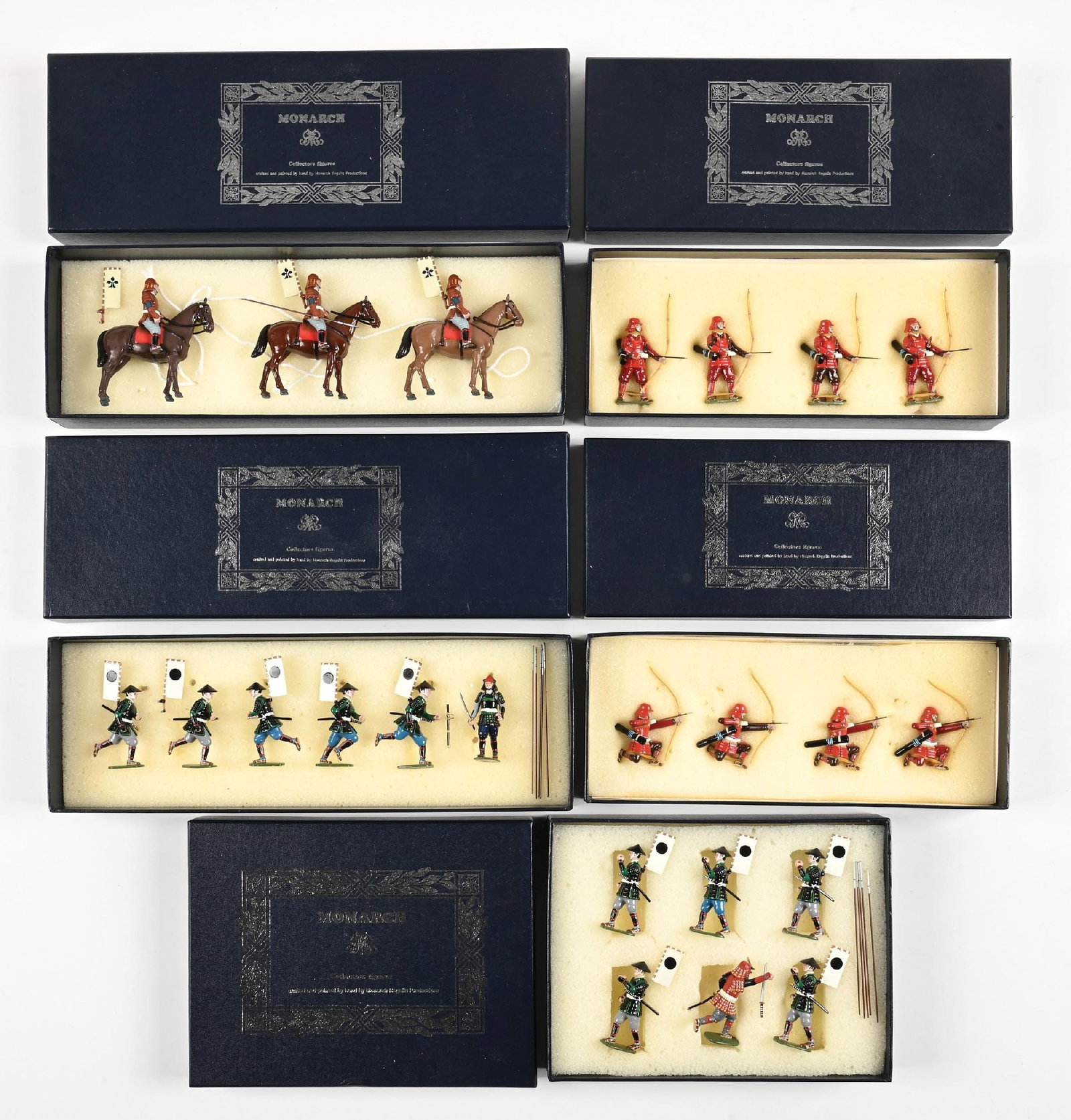 LOT OF 5: MONARCH SAMURAI WARRIORS SETS IN BOXES: (A) Kuroda Clan Marching No. 275. 6 pieces. (B) Kuroda Clan Attacking No. 276. Loose in box. 6 pieces. (C) Honda Clan Mounted Ashigaru No. 283. Loose in box. One separated battle flag. 3 pieces.(D) Ii