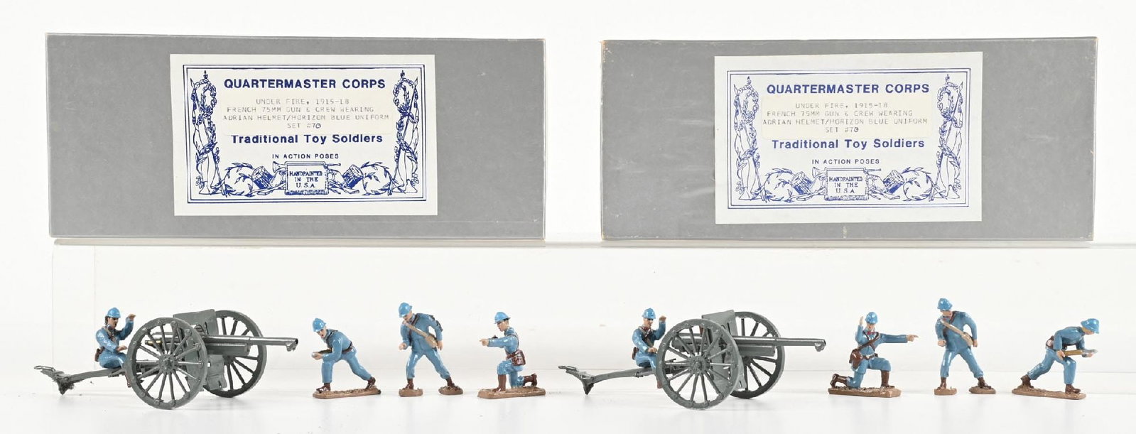 LOT OF 2: QUARTERMASTER CORPS SETS IN BOXES: Two sets WWI French 75mm Gun & Crew. One with original inserts, one loose in box. Excellent condition. 5 pieces each. 10 pieces total. Condition: Dimensions: Each Box: 10 - 1/4" x 4 - 1/4" x 3 - 1/4".