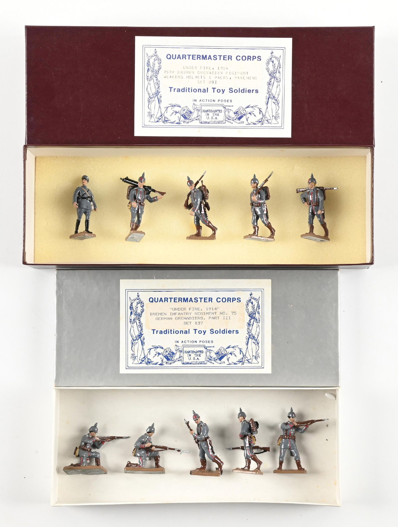 LOT OF 2: QUARTERMASTER CORPS SETS IN BOXES: (A) WWI Germans 75th Bremen Grenadiers No. 87. 5 pieces. (B) WWI Germans 75th Bremen Grenadiers in Action No. 37. 5 pieces. 10 pieces total. Condition: Dimensions: Largest Box: 12 - 1/4" x 4 - 1/4" x 