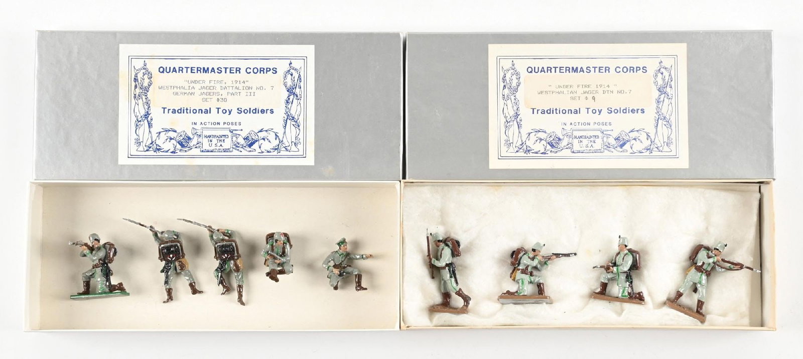 LOT OF 2: QUARTERMASTER CORPS SETS IN BOXES: (A) WWI German Infantry. (B) Westphalian Jaegers Battalion 7. Loose in box. Several with storage wear. 9 pieces total. Condition: Dimensions: Each Box: 10 - 1/4" x 4" x 1 - 5/8".