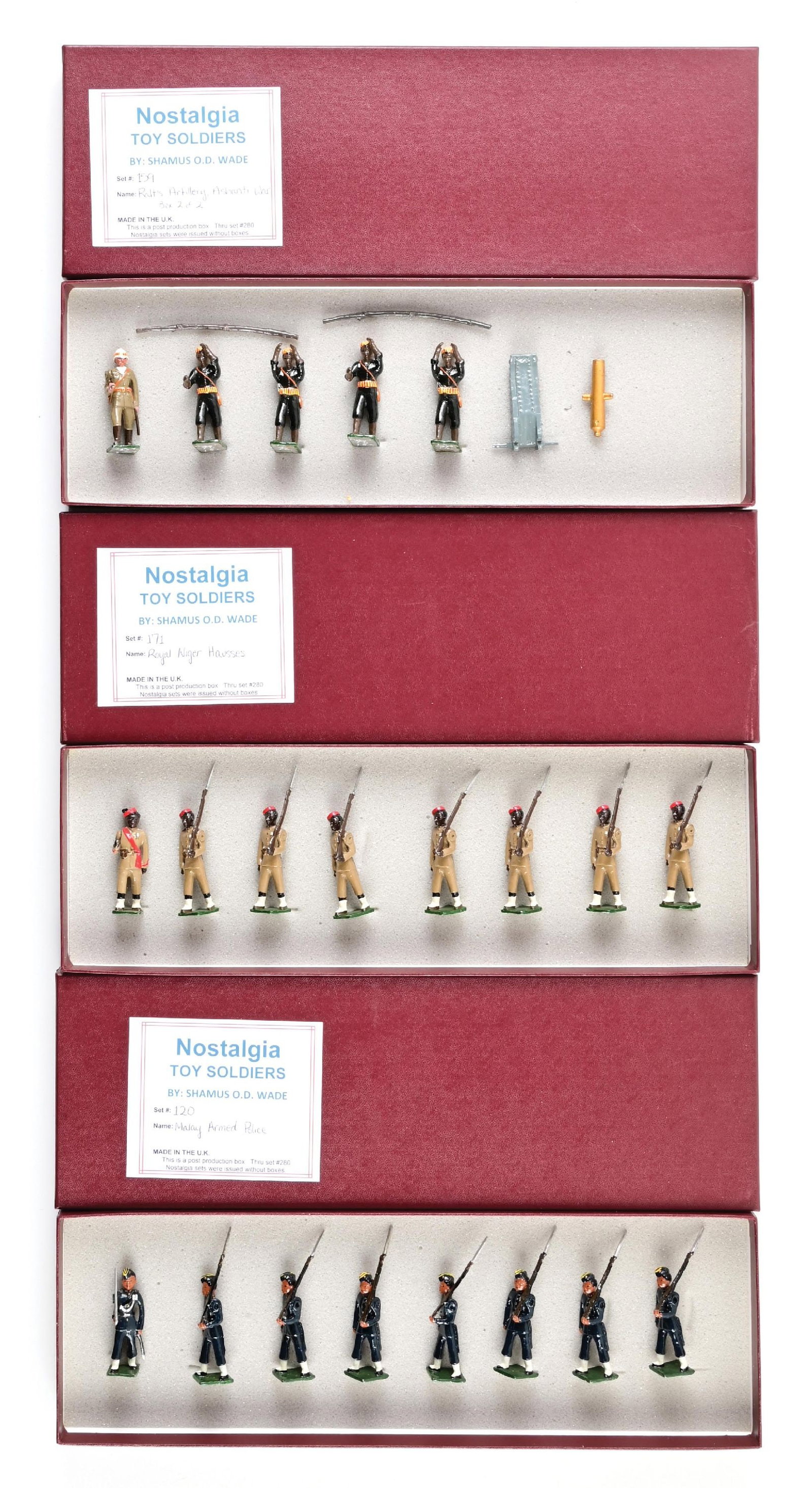 SHAMUS WADE NOSTALGIA: (A) Royal Artillery 2/2 No. 156. 8 pieces. (B) Royal Niger Hausses No. 171. 8 pieces. (C) Malay Armed Police No. 120. 8 pieces. 24 pieces total. Condition: Dimensions: Each Box: 15" x 5" x 1 - 1/4".