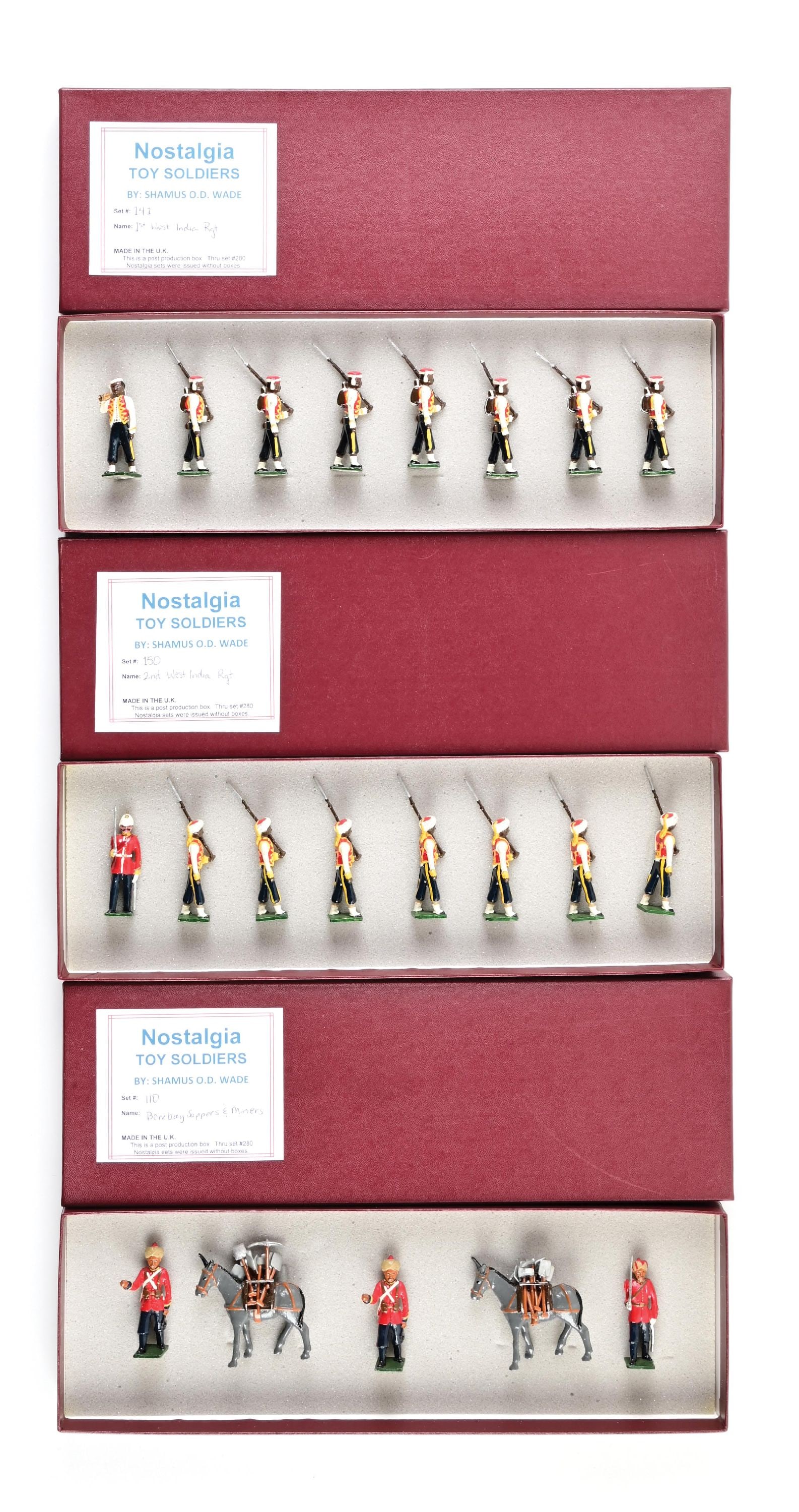 SHAMUS WADE NOSTALGIA: (A) 1st West India Regiment No. 141. 8 pieces. (B) 2nd West India Regiment No. 150. 8 pieces. (C) Bombay Sappers & Miners No. 110. 8 pieces. 24 pieces total. Condition: Dimensions: Each Box: 15" x 5" 