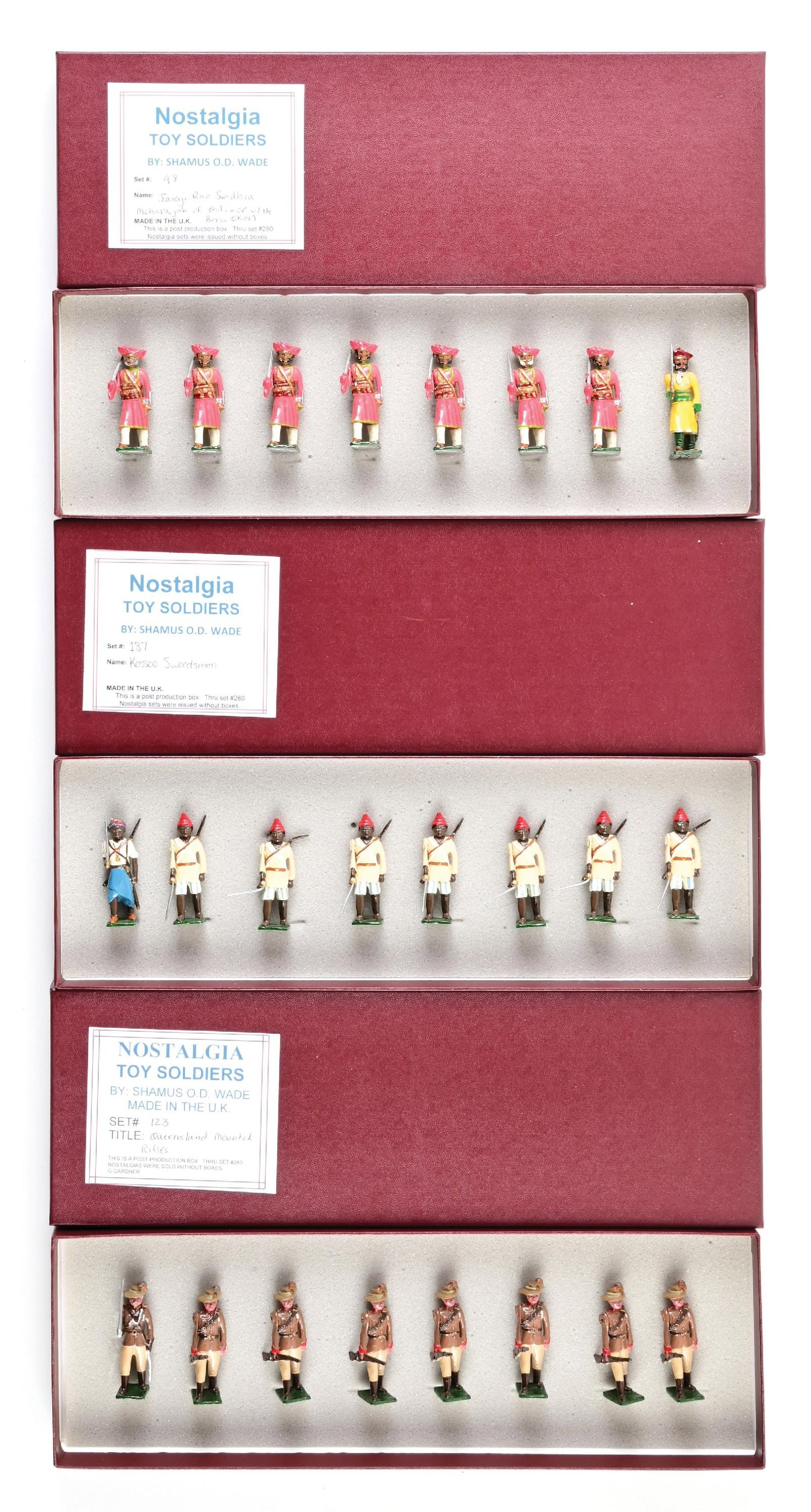 SHAMUS WADE NOSTALGIA: (A) Jaiaji Rao Somolia No. 98. 8 pieces. (B) Kossoo Swordsmen No. 187. 8 pieces. (C) Queensland Mounted Rifles No. 123. 8 pieces. 24 pieces total. Condition: Dimensions: Each Box: 15" x 5" x 1 - 3/8".