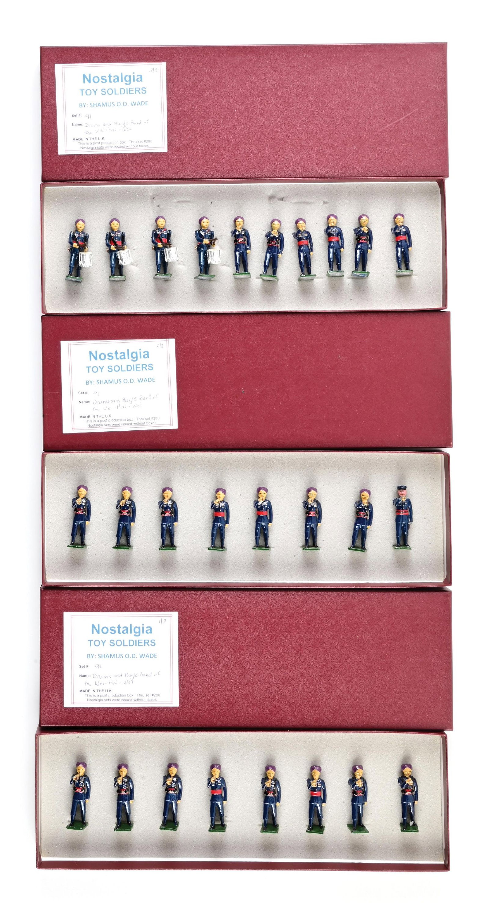 LOT OF 3: SHAMUS WADE NOSTALGIA TOY SOLDIERS BAND OF THE WEI-HEI-WEI: Lot consists of three sets of band of the Wei-Hei-Wei. 8 pieces each. 24 pieces total. Condition: Dimensions: Each Box: 15" x 5" x 1 - 3/8".