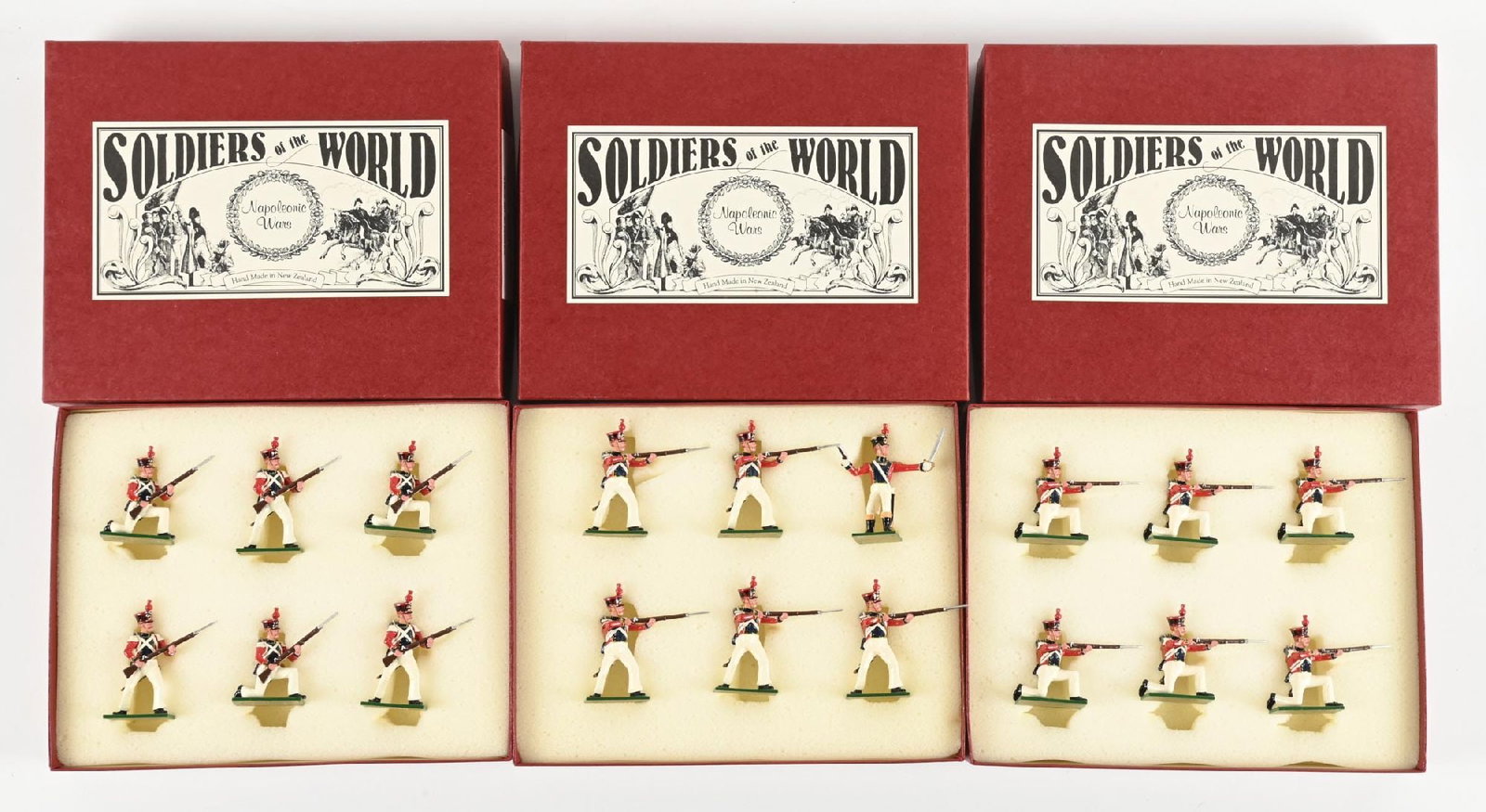 SOLDIERS OF THE WORLD NAPOLEONIC WARS: Lot consists of 3 sets 2nd Swiss Grenadiers in Bardin uniform No. #28, 29, and 30. 6 pieces each. 18 pieces total. Condition: Dimensions: Each: 10 - 1/4" x 8 - 1/4" x 1 - 1/2".