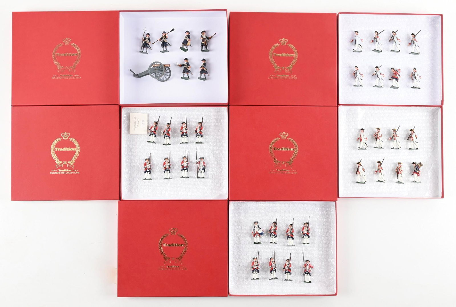 LOT OF 5: TRADITION SETS IN BOXES: (A) Artillery Gun and Crew, The Battle of Blenheim 1704. Loose in box. 7 pieces. (B) French Infantry Guyenne Regiment, French and Indian War 1750. Loose in box. 8 pieces. (C) French Infantry, The Gard