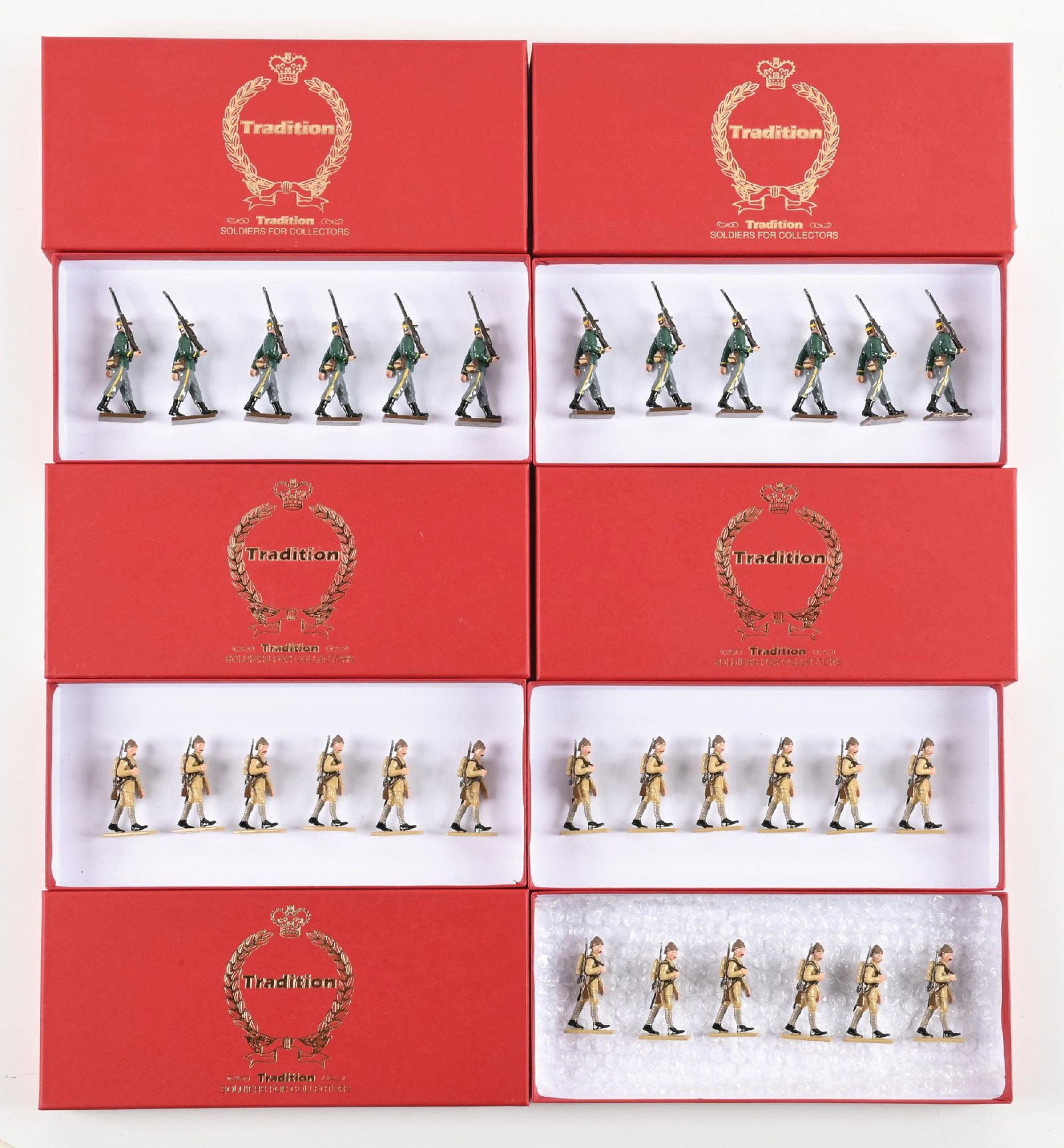 LOT OF 5: TRADITION OF ENGLAND WWI: (A) Three sets of Privates Marching Turkish Army WWI No. 835. No insert, loose in box. 6 pieces each. (B) Two sets 1st Carabiner Regiment No. 836. No inner packaging. 6 pieces each. 30 pieces total. C
