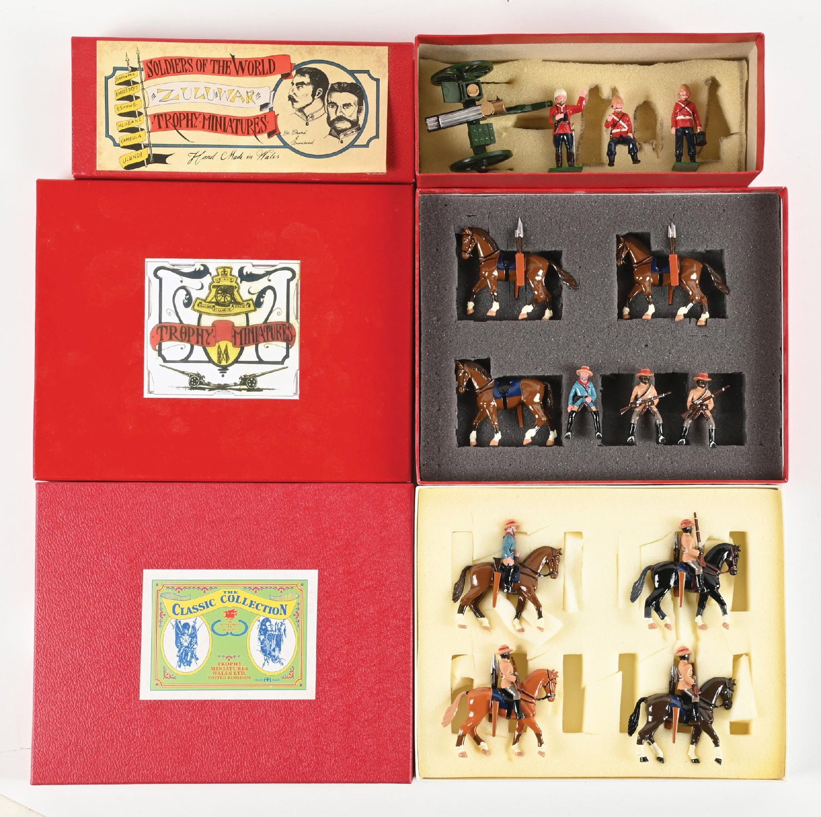 TROPHY MINIATURES ZULU WARS: (A) Gatling Gun & Crew No. EQ422. 4 pieces. (B) Natal Native Horse No. ZS45. Incorrect box. 6 pieces. (C) Natal Native Horse with officer. Unlabeled box. 8 pieces. 18 pieces total. Condition: Dimensio