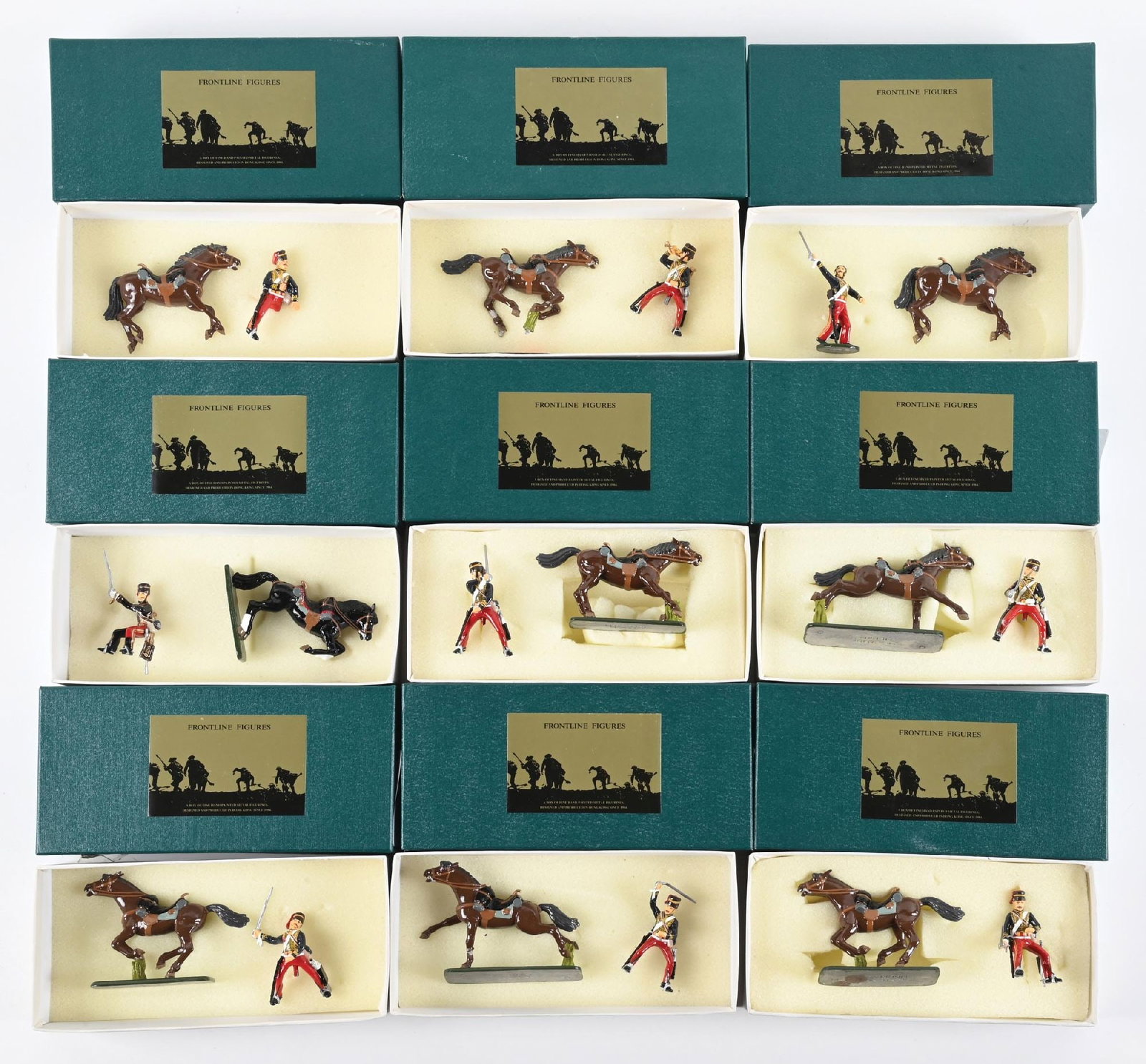 LOT OF 9: FRONTLINE 11TH HUSSARS PRINCE ALBERT'S OWN SETS IN BOXES: Includes P.A.O. 1, 2, 3, 4, 5, 6, 7, 8, and 9. Condition: Dimensions: Each Box: 9 - 1/4" x 4 - 1/2" x 2".