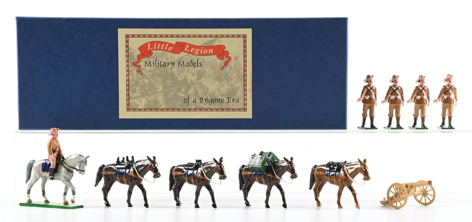 TROPHY MINIATURES BOER WAR: Includes Mountain Gun Artillery Team with 4 Handlers, 4 Horses, Cannon (Disassembled), and Mounted Officer. Incorrect box. 14 pieces total. Condition: Dimensions: Box: 14" x 4 - 3/4" x 2".