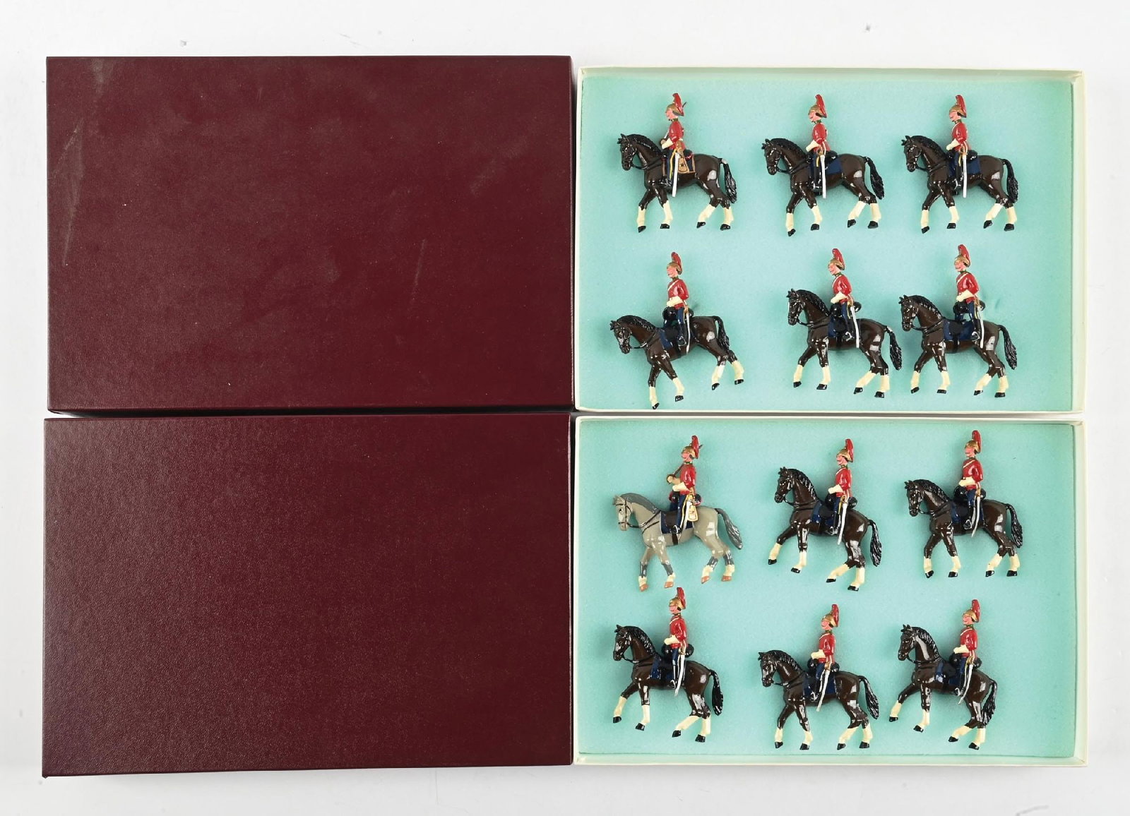 LOT OF 2: TROPHY TOY SOLDIER SETS: Mounted Guardsmen with officer. Incorrect boxes. 12 pieces. Condition: Dimensions: Each Box: 8 - 1/4" x 12 - 1/2" x 1 - 3/4".