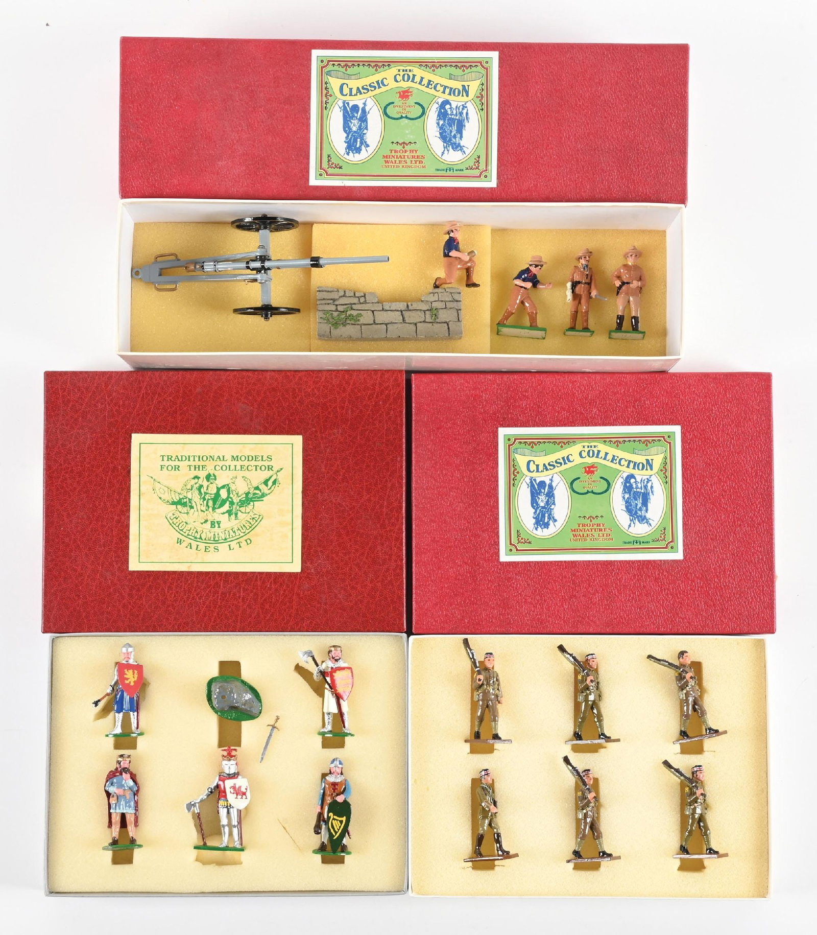 LOT OF 3: TROPHY MINIATURES SETS IN BOXES: (A) Knights of the Round Table. 6 pieces. (B) Set GW4 WWI 3rd Division Officer and 5 Privates. 6 pieces. (C) Spanish-American War Set US3 Cannon and Crew. 6 pieces. 18 pieces. Condition: Dimensions: