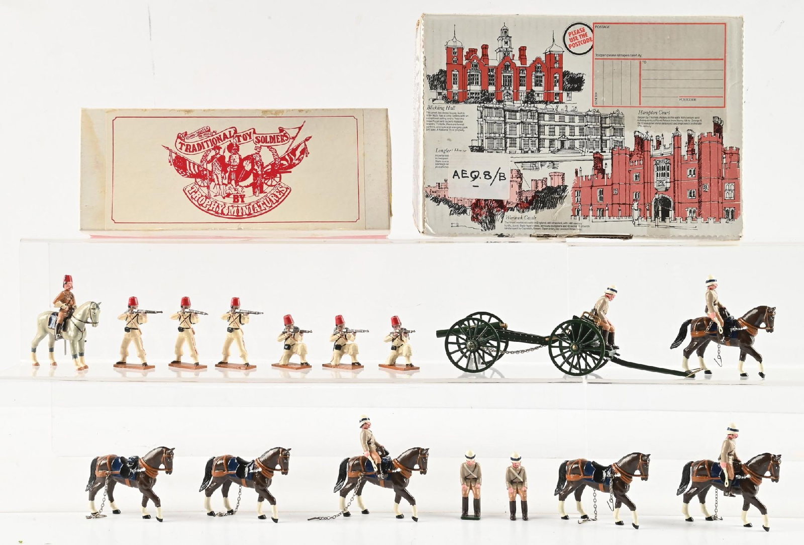 LOT OF 2: TROPHY TOY SOLDIER SETS IN BOXES: (A) Egyptian Infantry with mounted Egyptian Officer. Incorrect boxes. 6 pieces. (B) Set AEQ8/B Sudan Wars Cannon and Limber team. 8 pieces. 14 pieces total. Condition: Dimensions: Largest Box: 10 -