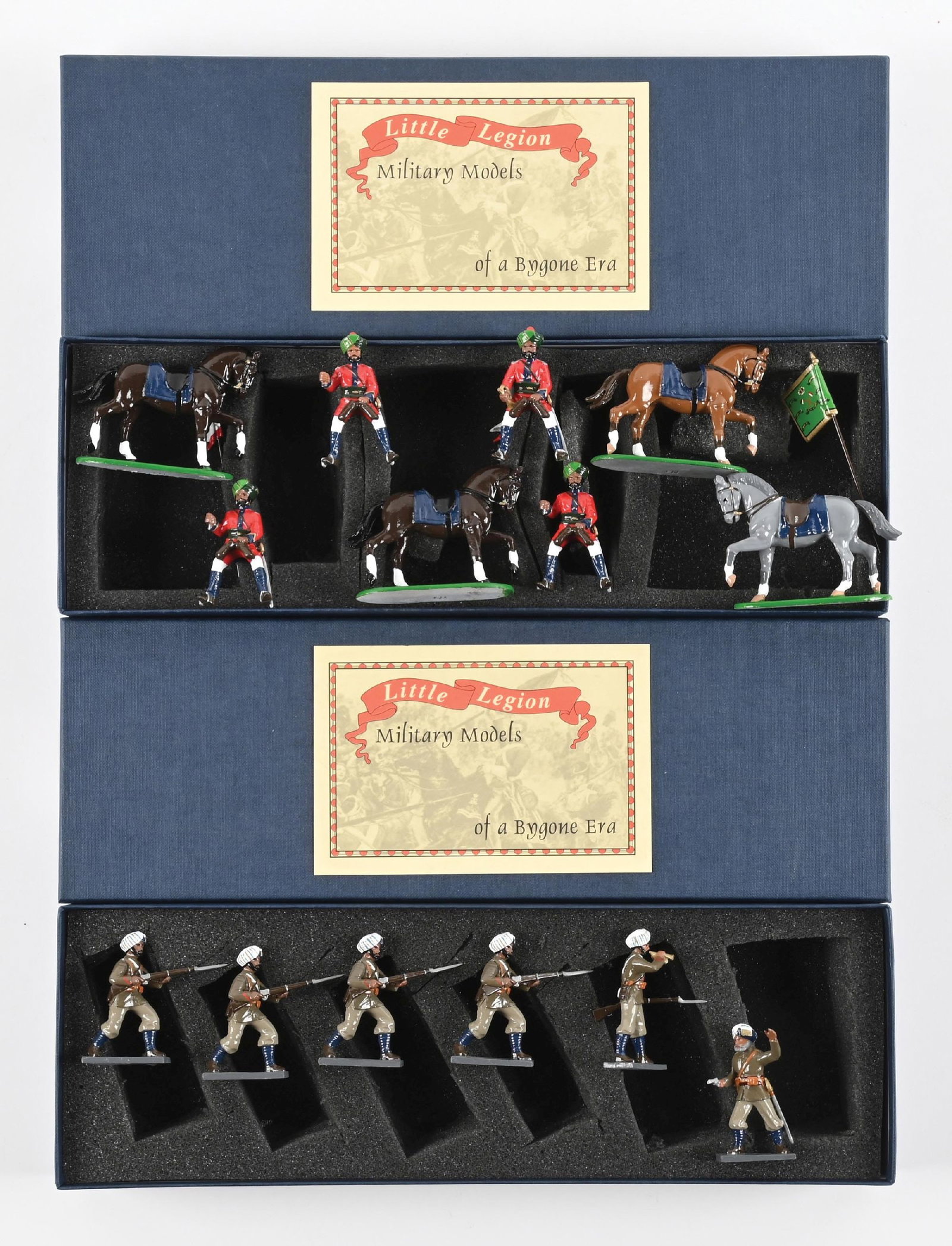 LOT OF 2: TROPHY MINIATURES INDIAN MUTINY: (A) Bengal Lancers. Incorrect box. 4 pieces. (B) Indian Army Infantry with Officer and Bugler. Incorrect Box. 6 pieces. 10 pieces total. Condition: Dimensions: Each Box: 14" x 4 - 3/4" x 2".