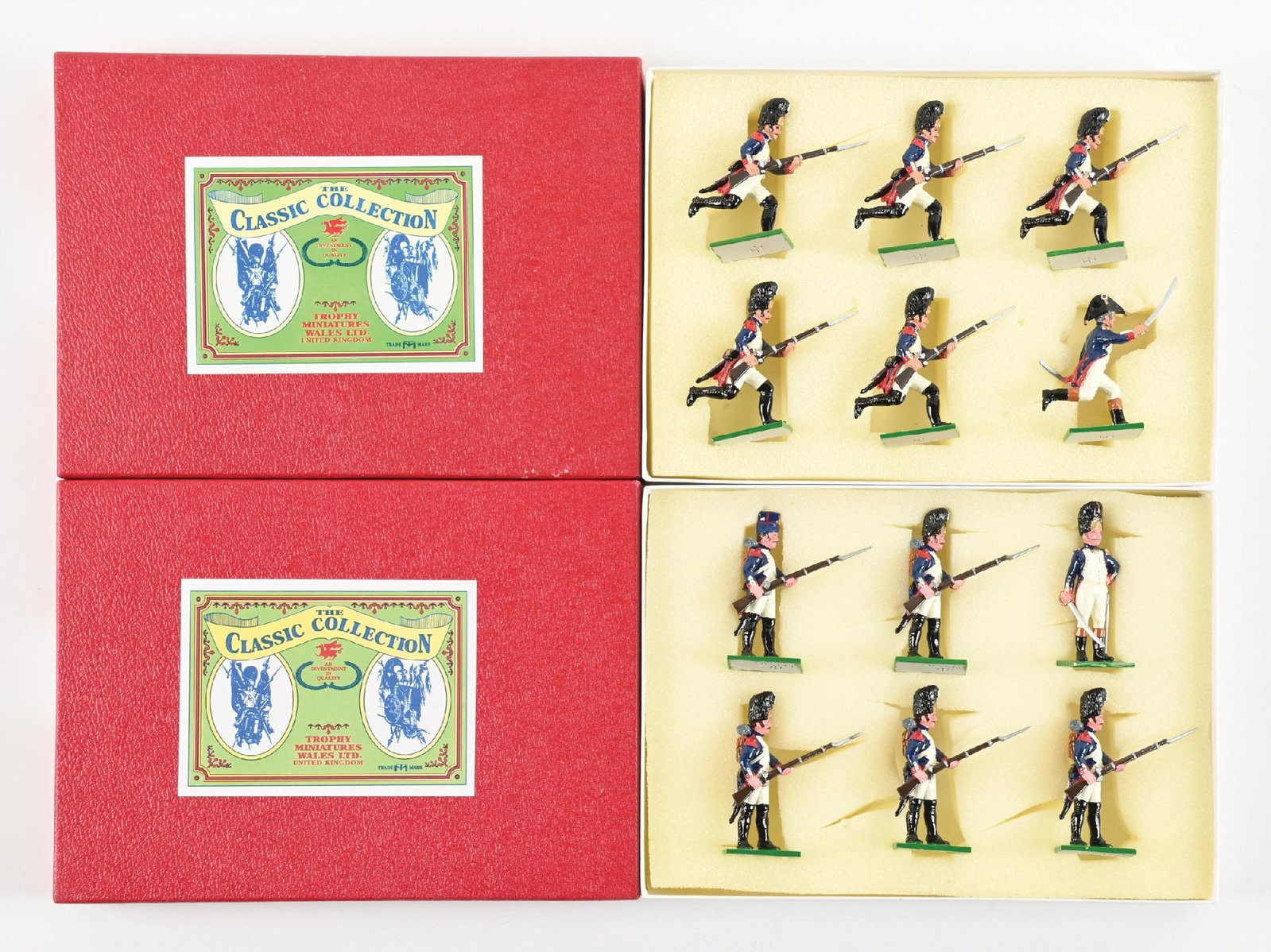TROPHY MINIATURES NAPOLEONIC WARS: (A) 2nd Regiment Grenadiers of Imperial Guards No. WA38. 6 pieces. (B) Grenadiers of the Guard No. WA32V. 6 pieces. 12 pieces total. Condition: Dimensions: Each Box: 9 - 1/4" x 6 - 3/4" x 1 - 3/8".