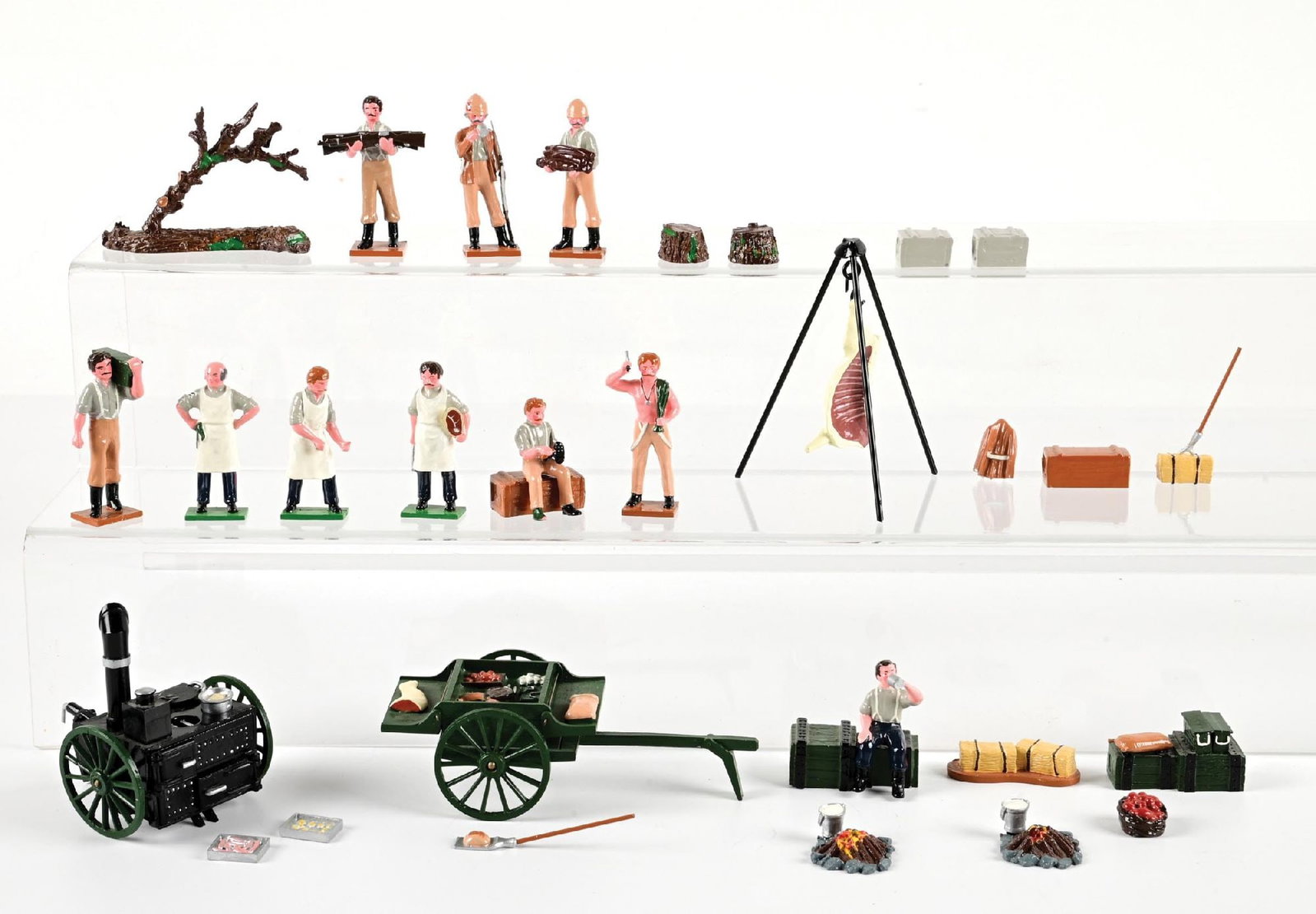 TROPHY SUDAN WARS ASSORTMENT: Includes field kitchen and butcher's wagon. 16 accessories, 9 men, and 2 wagons. Condition: Dimensions: Largest: 4 - 1/2" x 2 - 1/2".