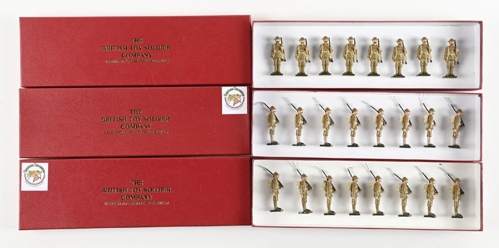 LOT OF 3: THE BRITISH TOY SOLDIER COMPANY: (A) British Tommys At Attention Slung Arms Full Field Dress. 8 pieces. (B) Two sets British Tommys At Attention Shoulder Arms Full Field Dress. Some bending to bayonets. 8 pieces each. 24 pieces total