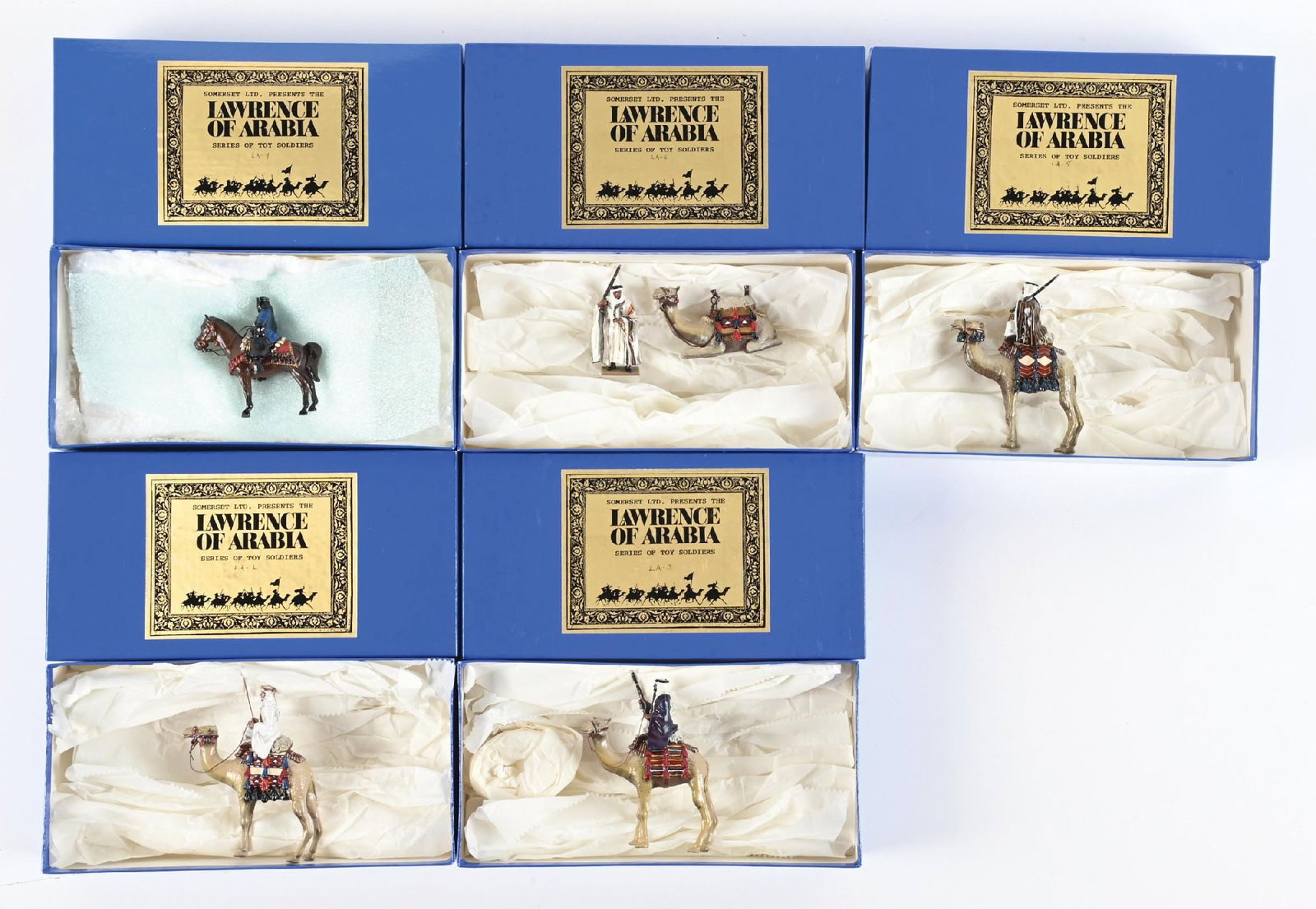 LOT OF 5: LAWRENCE OF ARABIA SETS IN BOXES: Lot consists of set Nos. LA1, LA3, LA4, LA5, LA6. 6 pieces total. Condition: Dimensions: Each Box: 9 - 1/4" x 4 - 3/4" x 2 - 1/4".