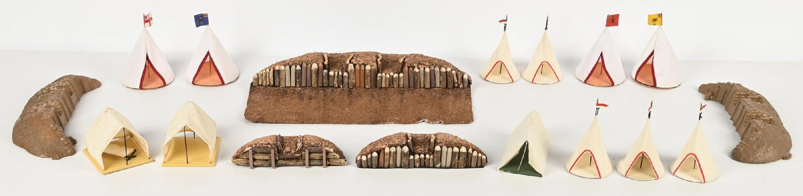 POTTSDAMER TENTS & FOAM FORTIFICATIONS: (A) Victorian tents with national flags. 9 pieces. (B) Trophy officer tents. 3 pieces. (C) Painted foam cannon emplacements. 5 pieces. 17 pieces total. Condition: Dimensions: Largest: 17 - 1/4" x 10