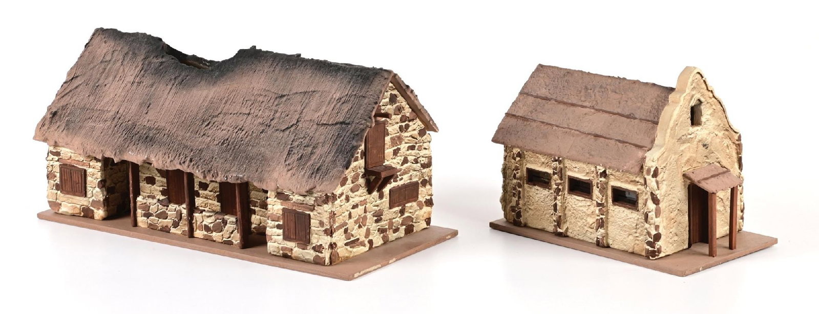LOT OF 2: WINDOWS OF THE WORLD BUILDINGS (MULTI-ERA): (A) Bombed Farmhouse. (B) European Thatched Roof Building. Condition: Dimensions: Largest: 15" x 7" x 7".