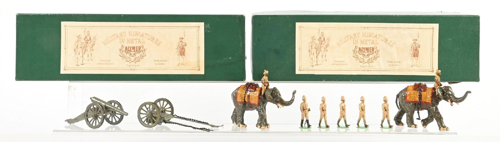 LOT OF 2: ALYMER MINIATURES SET NO. AB-25 ROYAL ARTILLERY ELEPHANT DRAWN W/ OFFICER: 9 pieces. Condition: Dimensions: Each Box: 17" x 5" x 4".