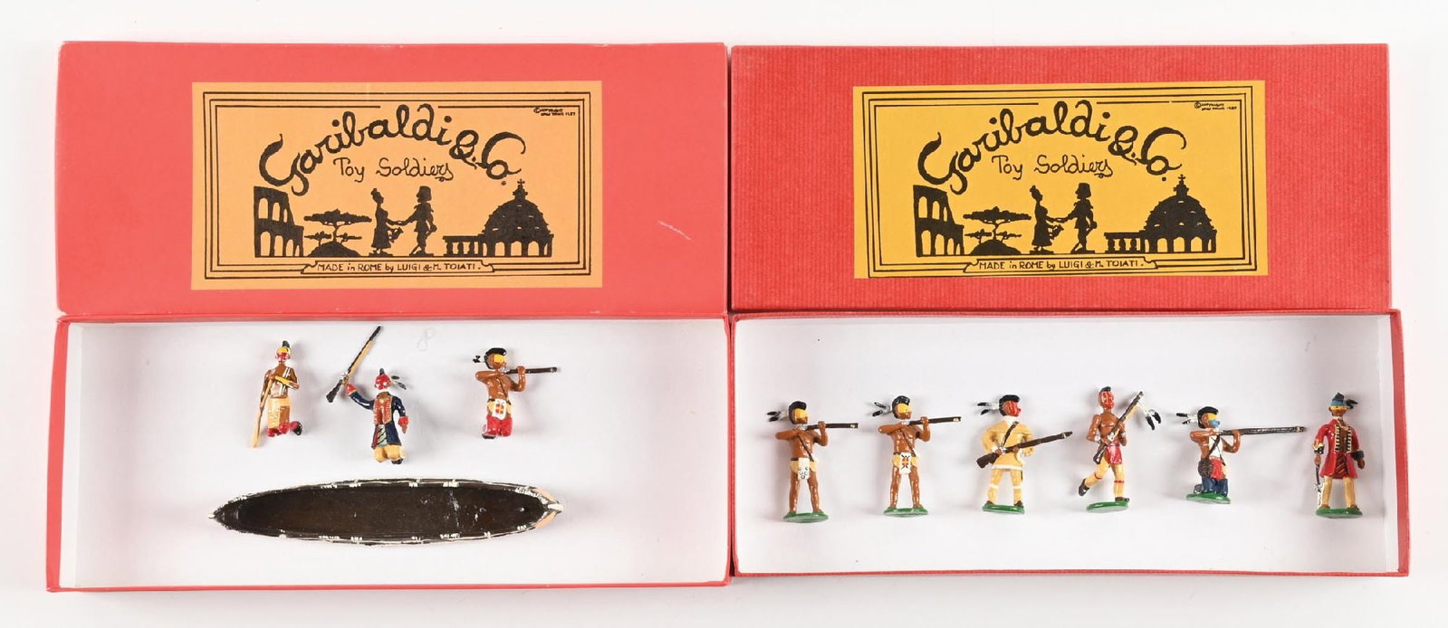 LOT OF 2: GARIBALDI WOODLAND INDIANS: (A) Iroquois Canoe No. B12. 4 pieces. (B) Mohawk Indians in Action No. F5. 6 pieces. 10 pieces total. Condition: Dimensions: Each Box: 13" x 5 - 3/8" x 1 - 3/4".
