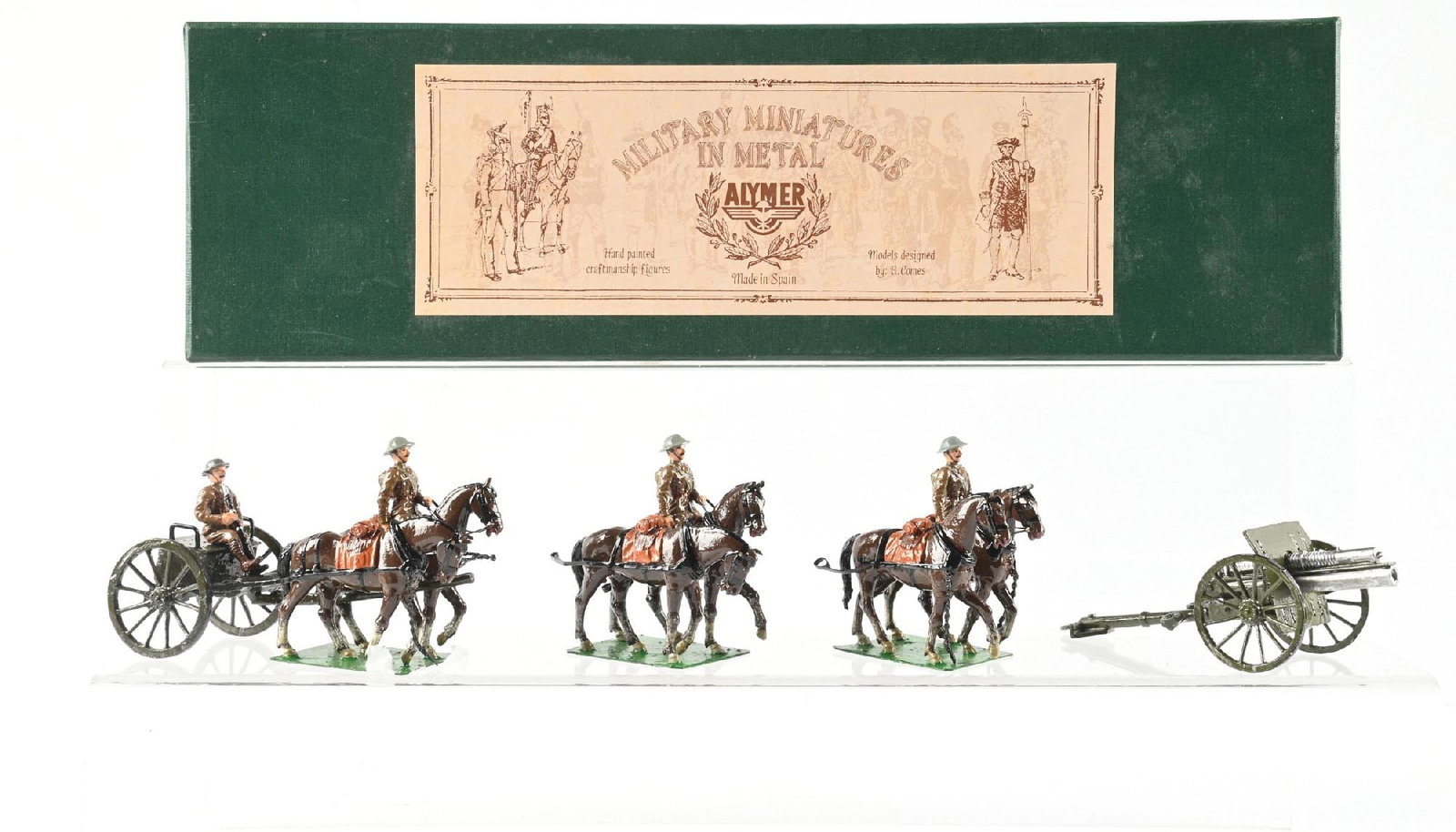 ALYMER WWI BRITISH HORSE-DRAWN ARTILLERY IN BOX: Excellent condition. 9 pieces. Condition: Dimensions: Box: 17" x 5" x 4".