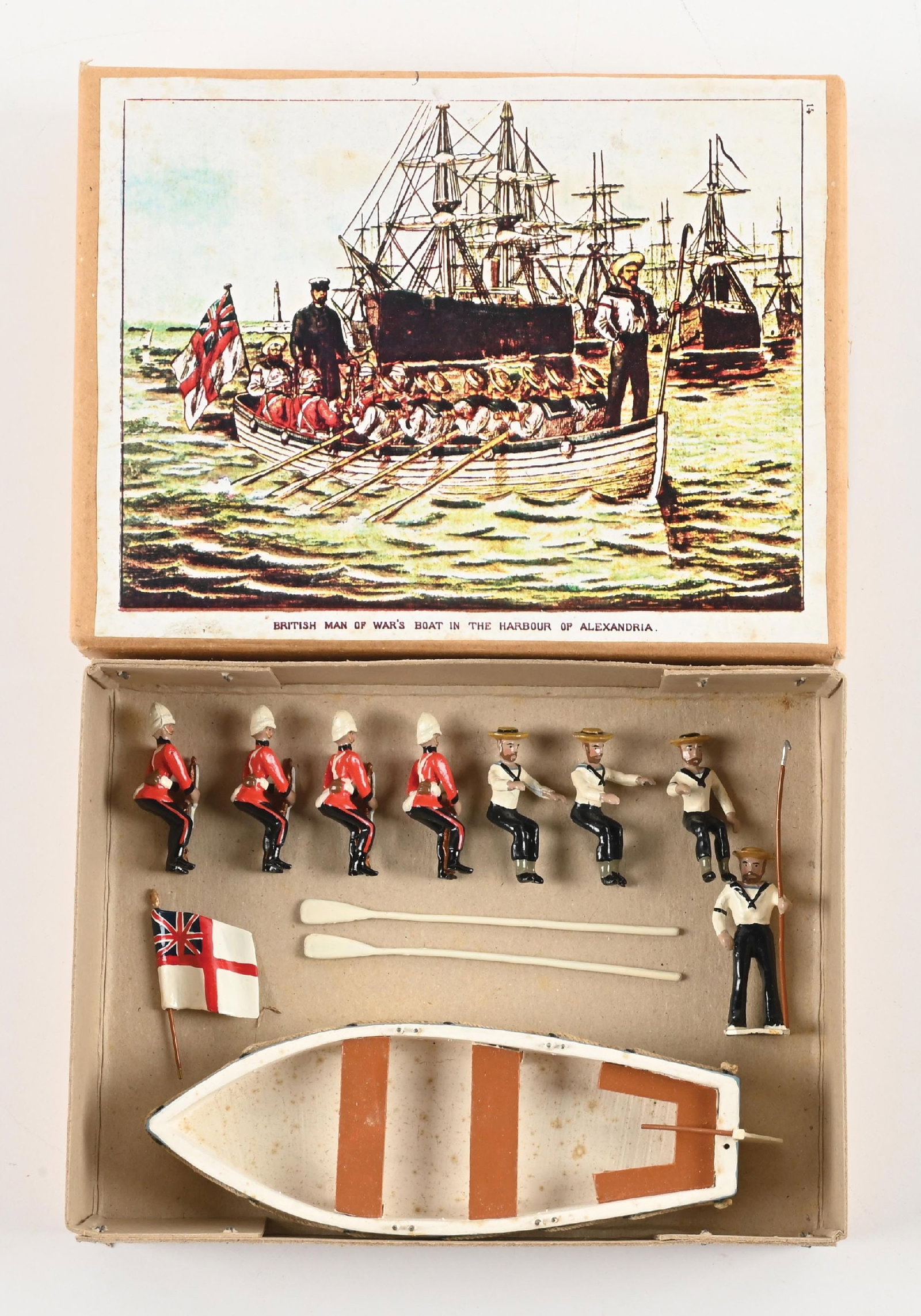 UNDER TWO FLAGS BRITISH MAN OF WAR ROWBOAT IN THE HARBOR OF ALEXANDRIA: In original box. 10 pieces. Condition: Dimensions: Box: 8 - 3/4" x 6 - 3/4" x 2".