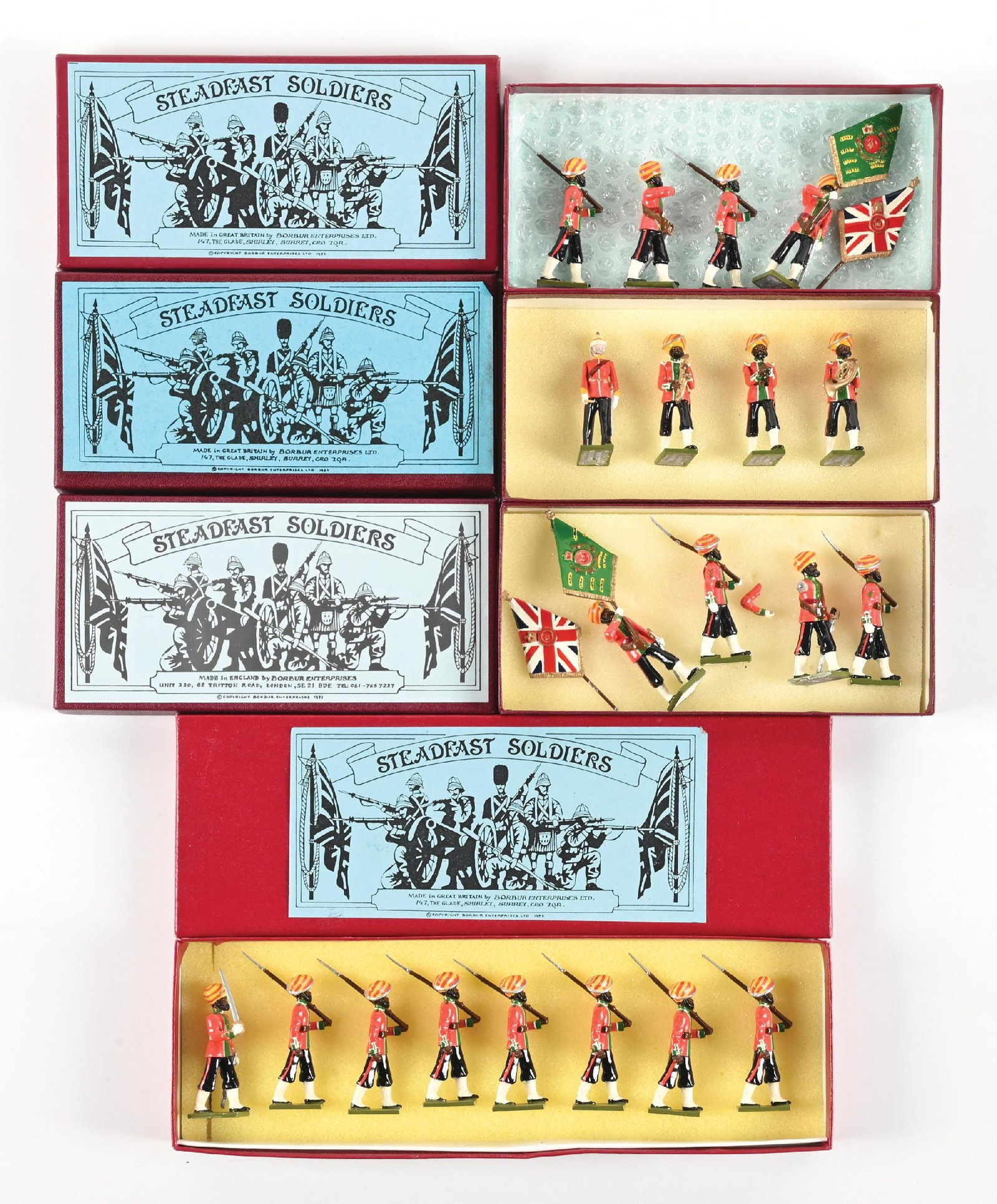 LOT OF 4: STEADFAST SOLDIERS INDIAN ARMY: (A) Ludhiana Sikhs marching, shoulder arms, with officer. 8 pieces. (B) Ludhiana Sikhs marching band members with band master. 4 pieces. (C) Two sets Colour Party. 3 pieces each. 18 pieces total. Cond
