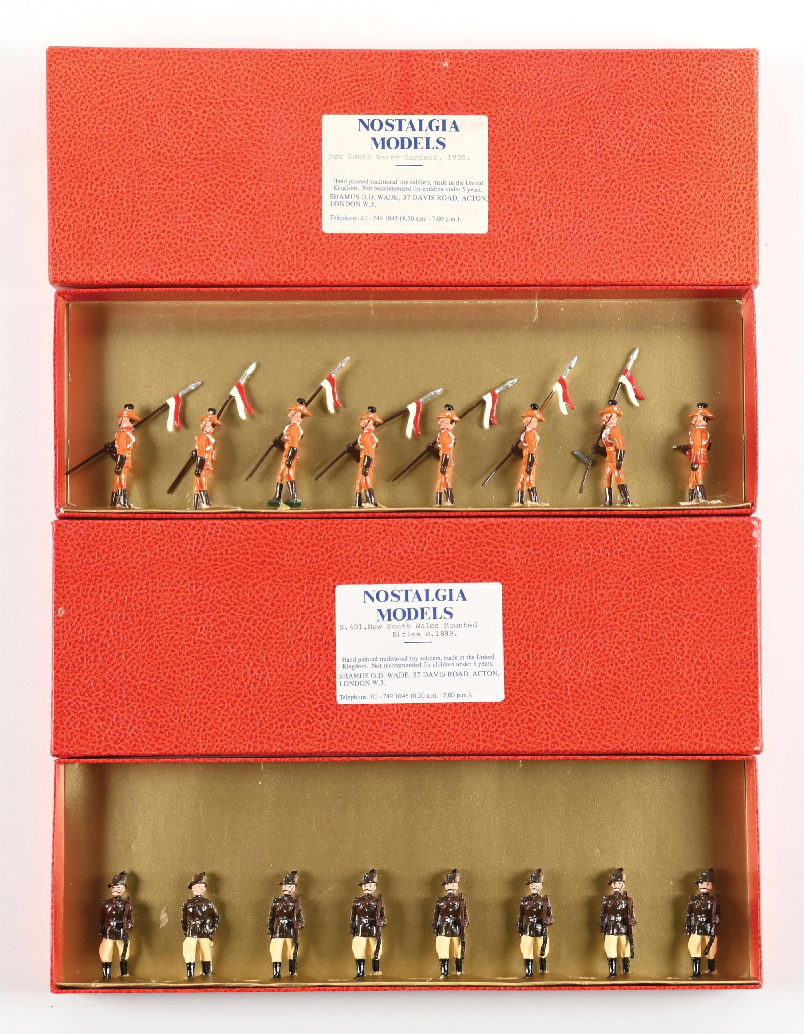 LOT OF 2: NOSTALGIA MODELS SETS IN BOXES: (A) New South Wales Lancers. Original slot card. 8 pieces. (B) New South Wales Mounted Rifles No. 401. Original slot card. 8 pieces. 16 pieces total. Condition: Dimensions: Each Box: 15" x 5" x 1 - 3/