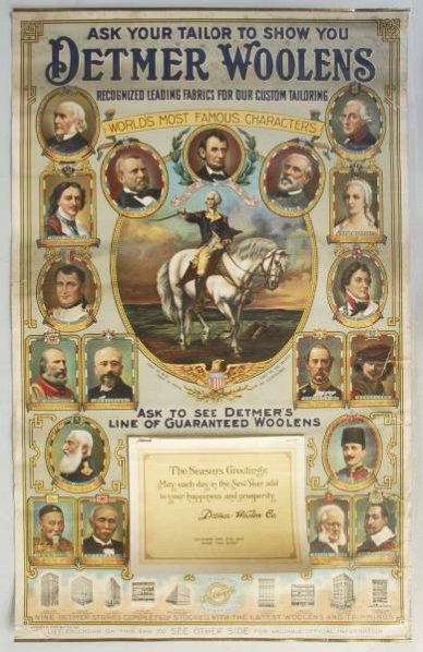 1916 Detmer Woolens Large Format Calendar.: Closed edge tears and medium wear and soiling. Condition (Very Good). Size 32 - /2" x 20 - 1/2".