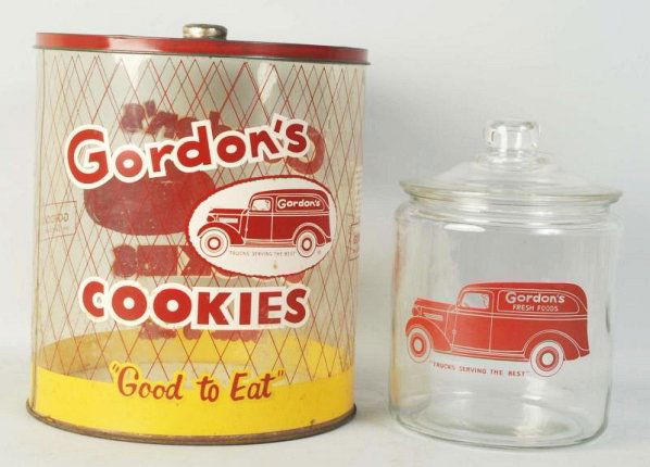 1950s-60s Gordon's Store Jars.: The larger is plastic and metal with medium wear and soiling. Condition (Very Good - Near Mint). Size Largest: 12" T.