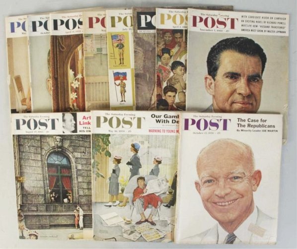 Saturday Evening Posts with Rockwell Covers.: This lot includes 11 Saturday Evening Posts all featuring covers illustrated by Norman Rockwell. Condition (Very Good).