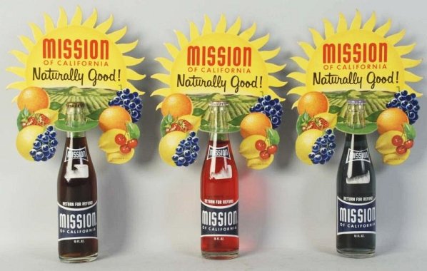 Lot of 3: Mission Bottles & Displays.: 1950s. Minor edge nicks and light wear on toppers. Condition (Excellent). Size Largest: 9 - 3/4" T.
