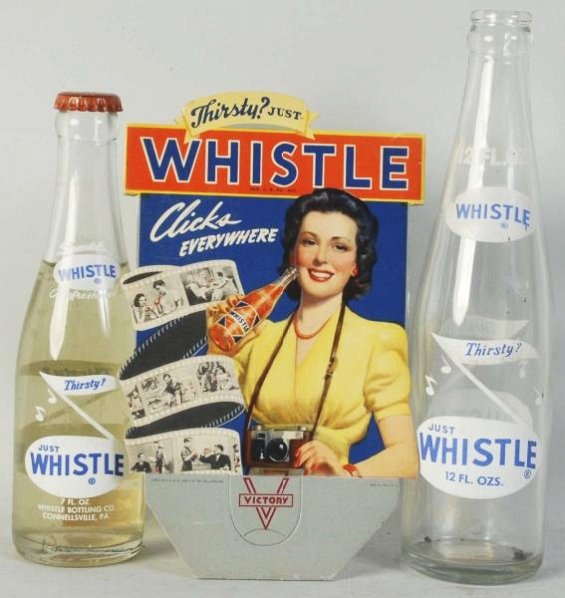 Whistle Bottle Topper & 2 Bottles.: 1950s. Nearly no wear. Condition (Near Mint). Size Largest: 10" T.