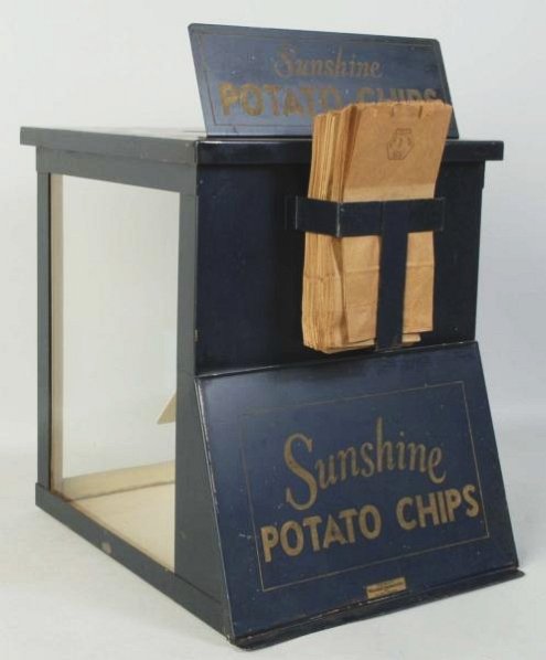Sunshine Potato Chips Countertop Showcase/Vendor.: 1930s to 1940s. Light wear, soiling, and a few rust spots on top. Condition (Very Good Plus). Size 18" T.