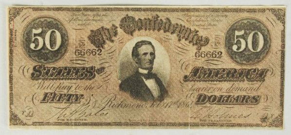 Coca-Cola $50 Confederate Bill Copy.: 19teens to 1920s. The other side features a straight-sided bottle advertisement. Two vertical fold lines and nearly no wear. Condition (Near M