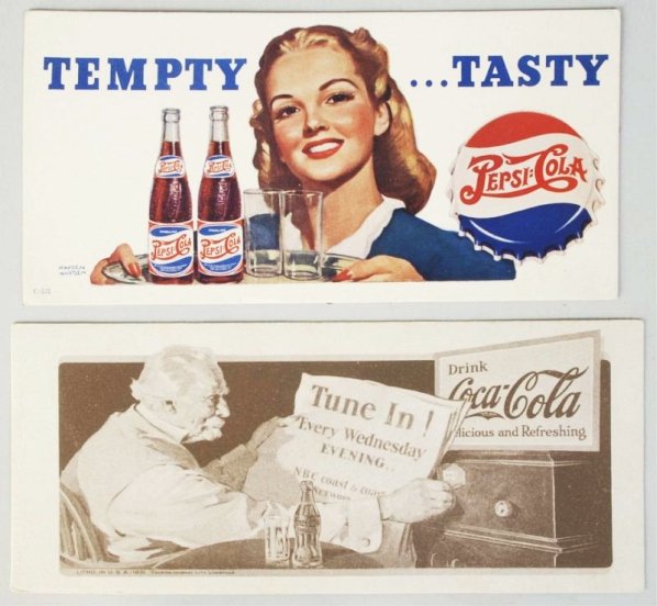 Pepsi & Coca-Cola Ink Blotters.: 1931 and 1950s. Both have little to no wear. Condition (Near Mint). Size Largest: 3 - 1/2" x 7 - 3/4".