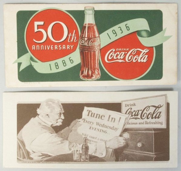 Lot of 2: 1930s Coca-Cola Ink Blotters.: A few small corner bends and light soiling on the 1936 blotter. Condition (Very Good - Excellent). Size Largest: 3 - 1/2" x 7 - 3/4".