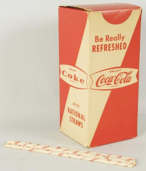 1960s Coca-Cola Straw Bow.: Full of marked straws. Staining, ambering, and light wear. Condition (Very Good Plus). Size 8 - 1/2" T.